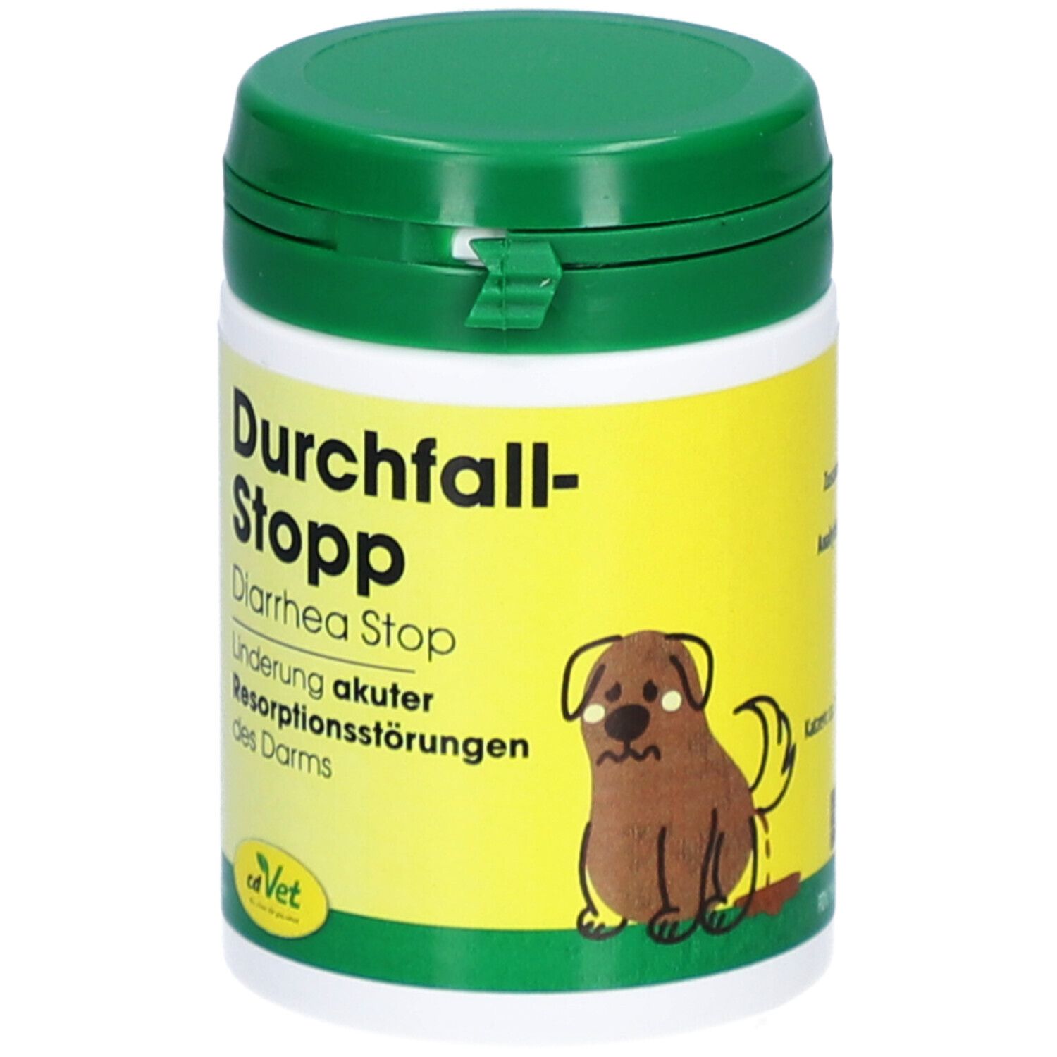 Grüne Dose mit weißem Etikett. Aufschrift: Durchfall-Stopp. Illustration eines Hundes. Marke: cdVet.