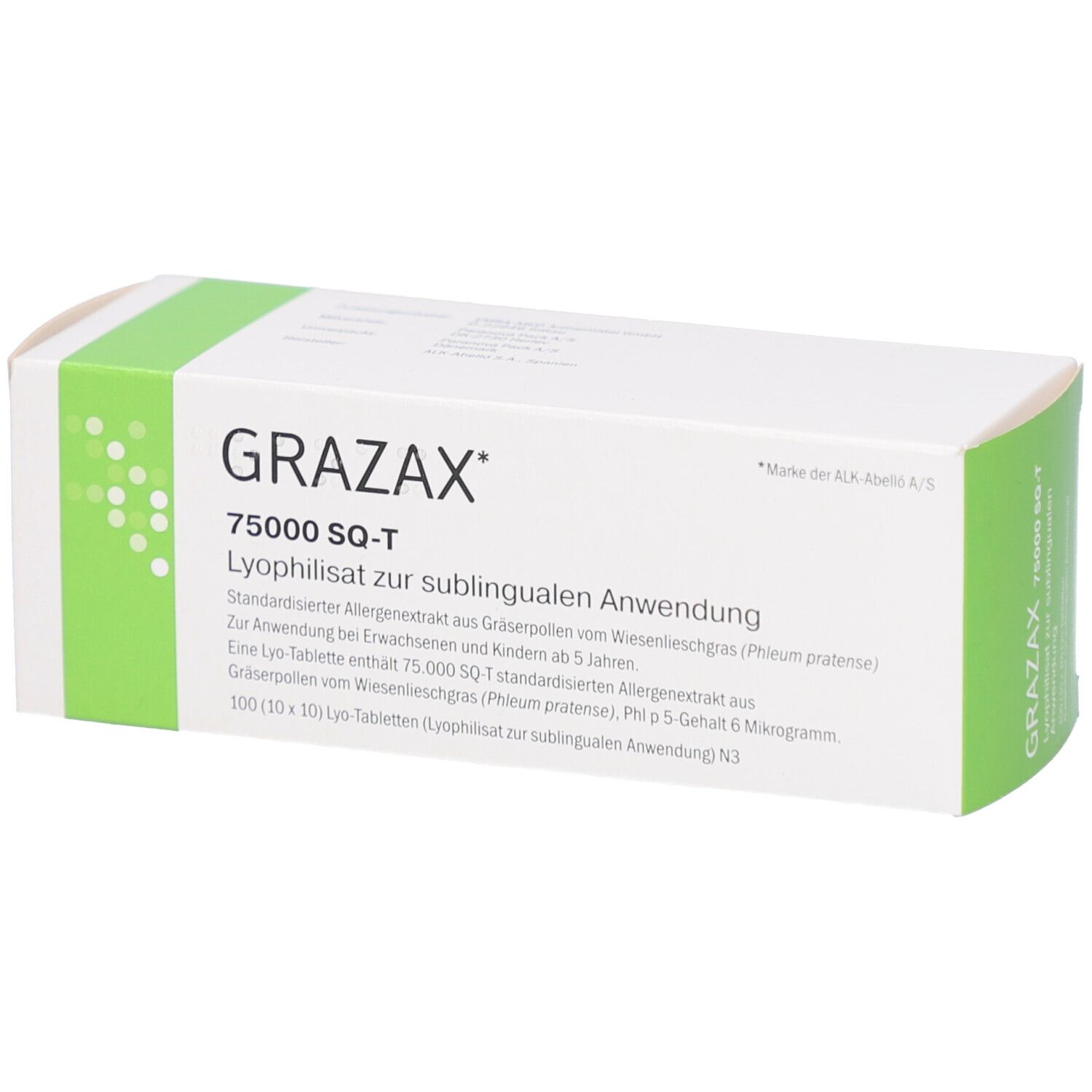 Weiße Schachtel mit grünem Akzent. Aufschrift: GRAZAX 75000 SQ-T. Lyophilisat zur sublingualen Anwendung. Allergiebehandlung.