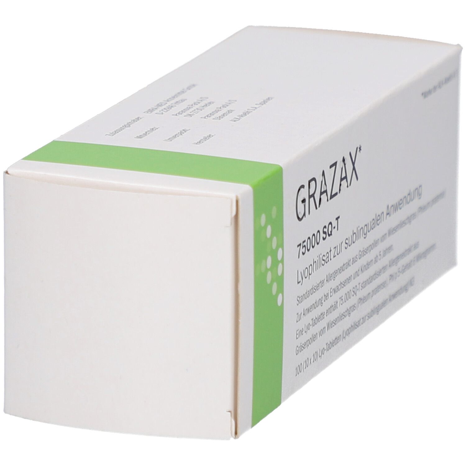 Weiße Schachtel mit grünem Akzent. Aufschrift: GRAZAX. Seitenansicht der Verpackung.