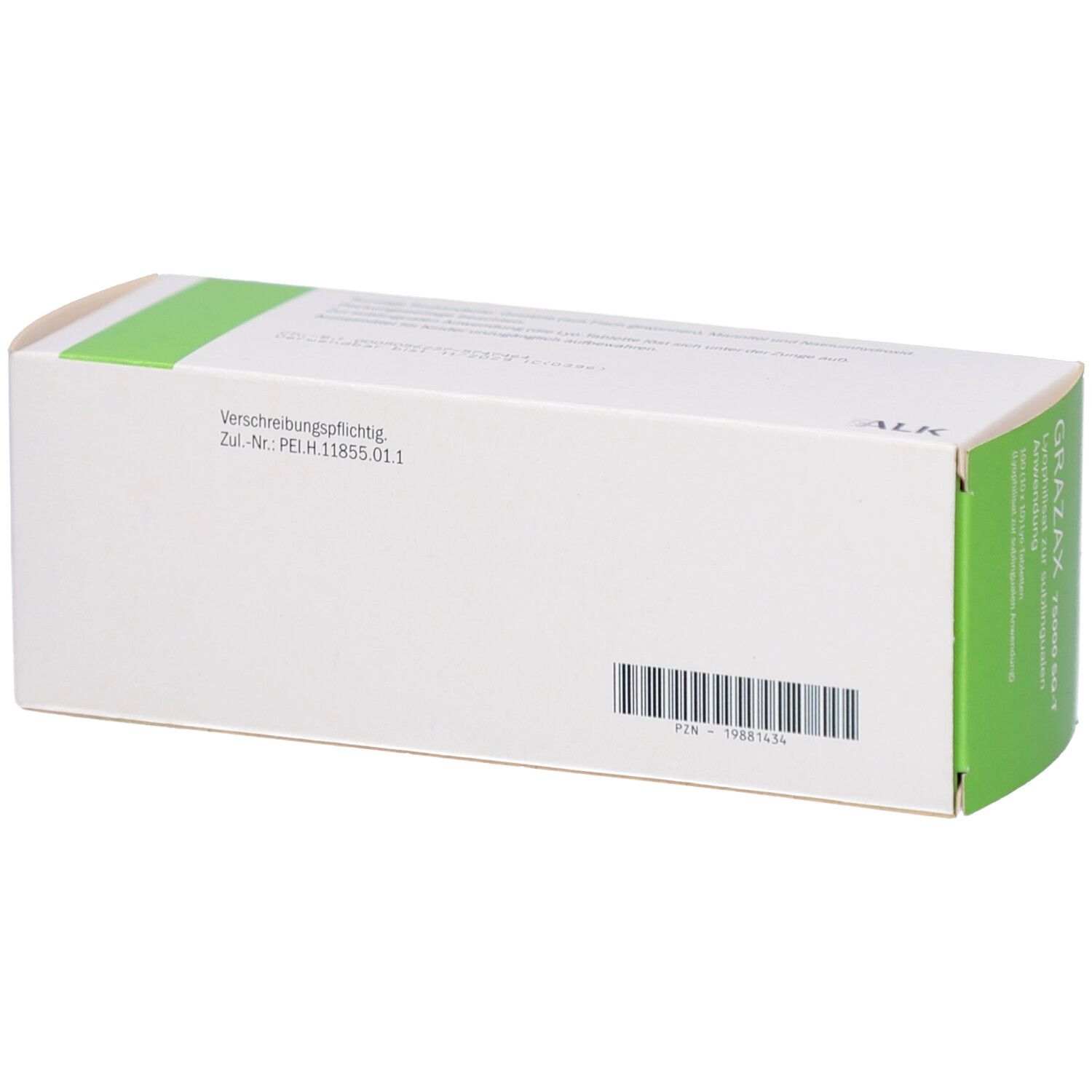 Weiße Schachtel mit grünem Akzent. Aufschrift: GRAZAX. Barcode und weitere Informationen auf der Rückseite.