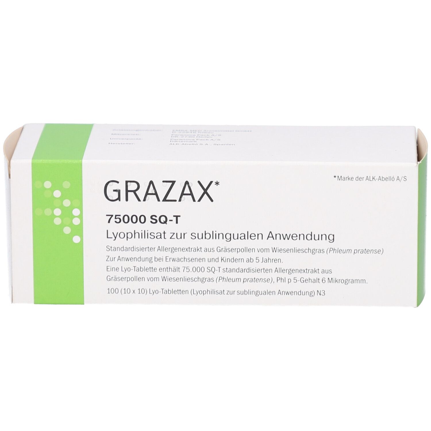 Weiße Schachtel mit grünem Akzent. Aufschrift: GRAZAX 75000 SQ-T. Lyophilisat zur sublingualen Anwendung. Allergiebehandlung.