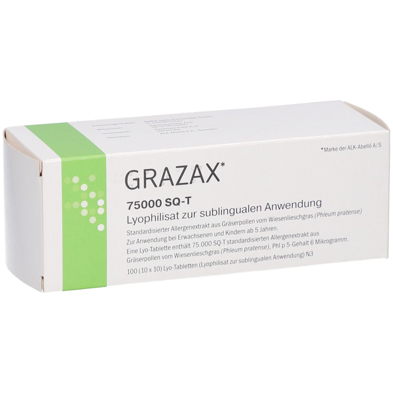 Weiße Schachtel mit grünem Akzent. Aufschrift: GRAZAX 75000 SQ-T. Lyophilisat zur sublingualen Anwendung. Allergiebehandlung.