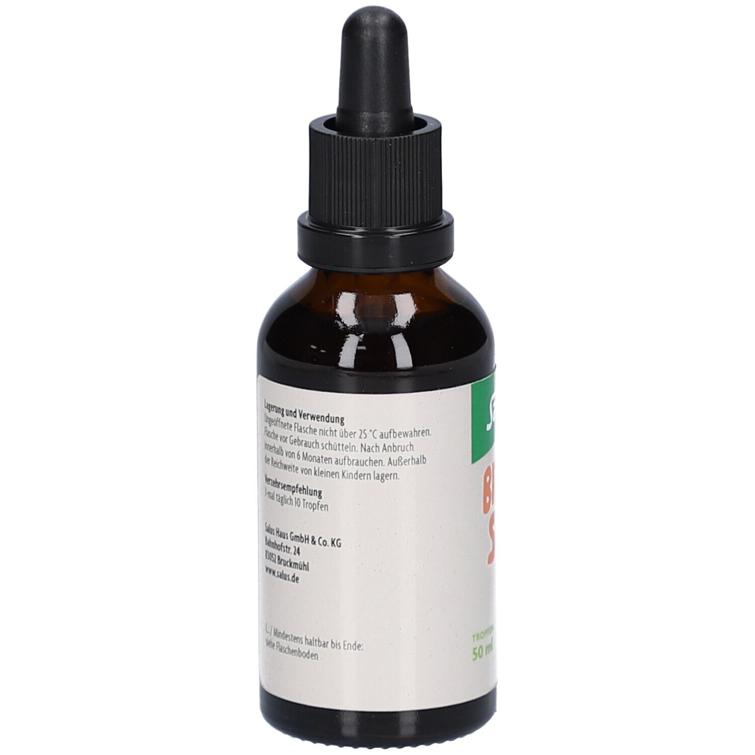 Braune Glasflasche mit schwarzem Schraubverschluss und Pipette. Weißes Etikett mit Text. Grüne und weiße Schrift.