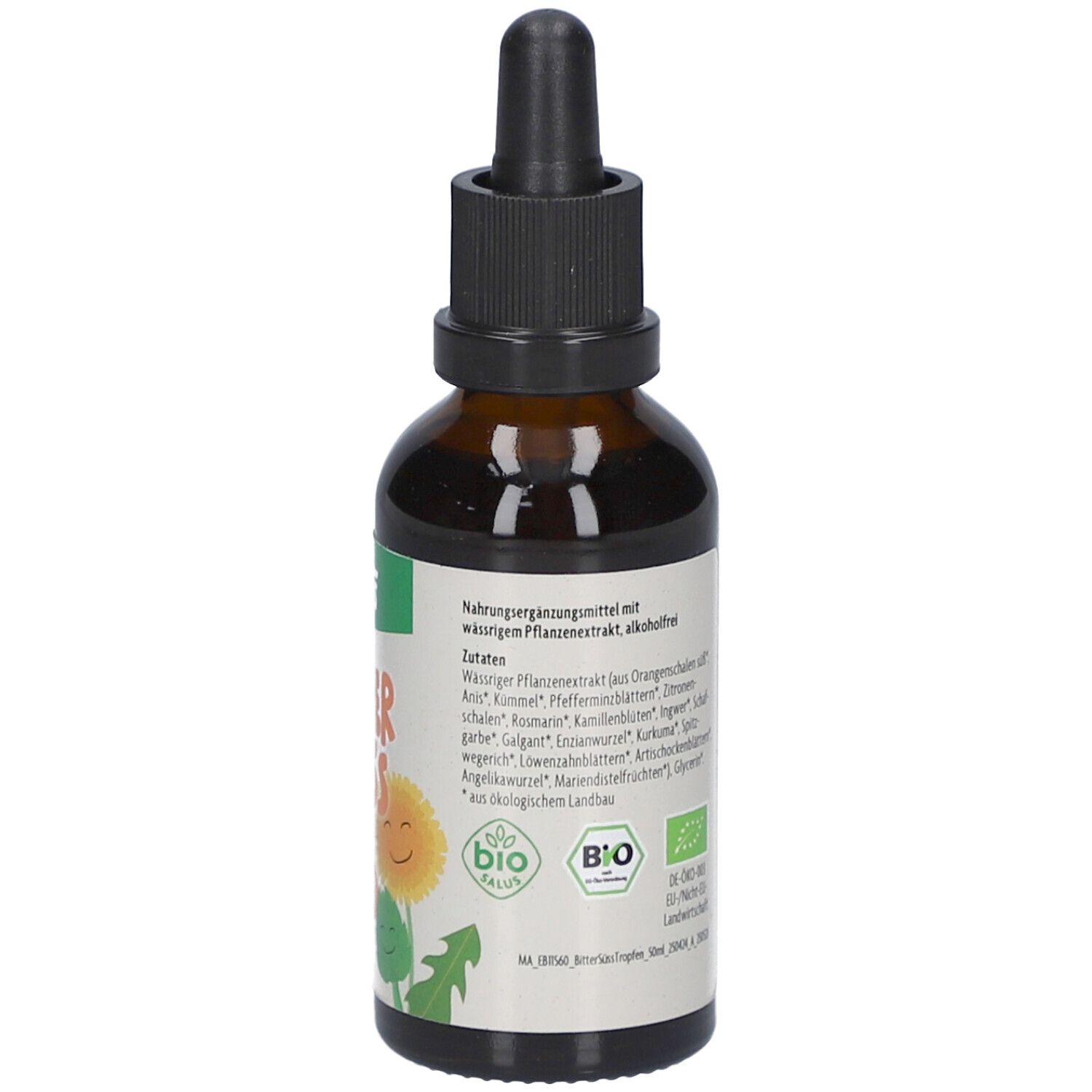 Braune Glasflasche mit schwarzem Schraubverschluss und Pipette. Weißes Etikett mit Text. Bio-Siegel und Zutatenliste.