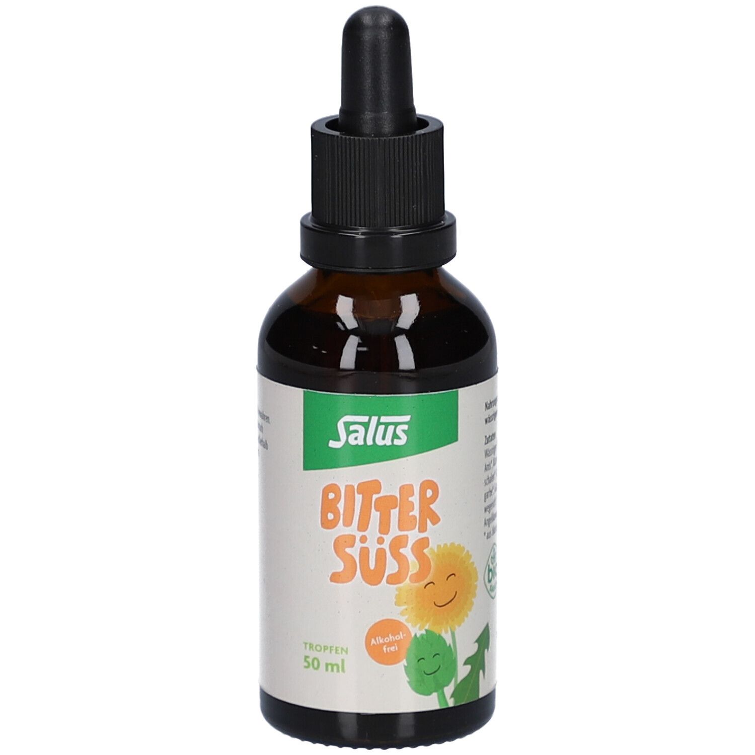 Braune Glasflasche mit schwarzem Schraubverschluss und Pipette. Weißes Etikett mit Text: Bitter Süss, alkoholfrei, 50 ml.