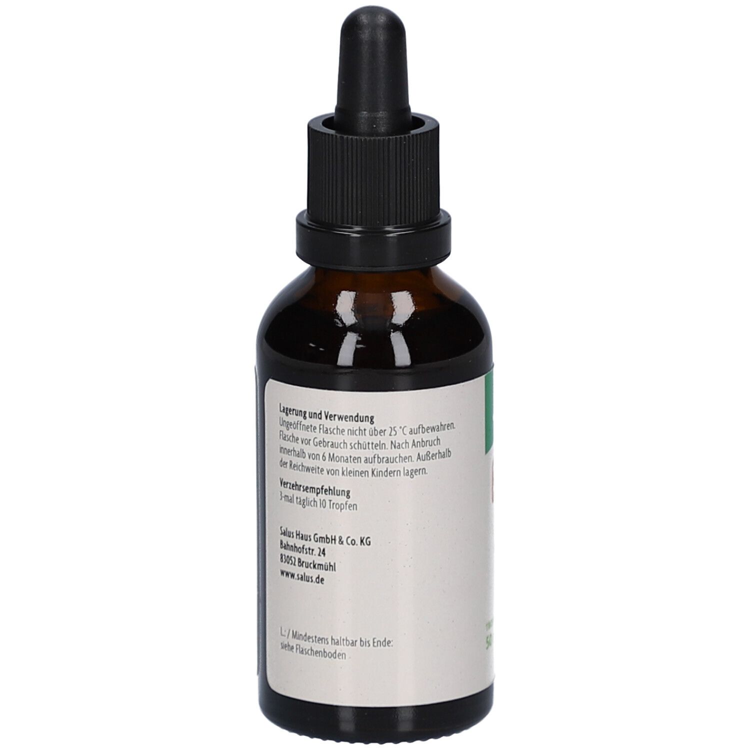 Braune Glasflasche mit schwarzem Schraubverschluss und Pipette. Weißes Etikett mit Text. Herstellerinformationen.