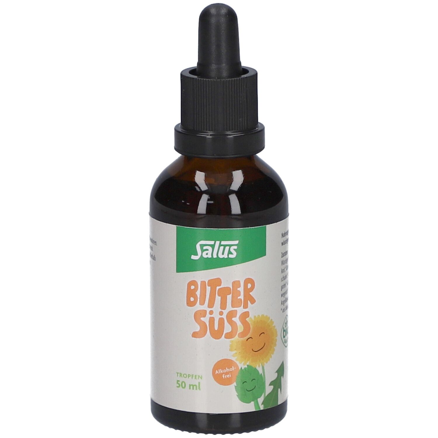 Braune Glasflasche mit schwarzem Schraubverschluss und Pipette. Weißes Etikett mit Text: Bitter Süss, alkoholfrei, 50 ml.