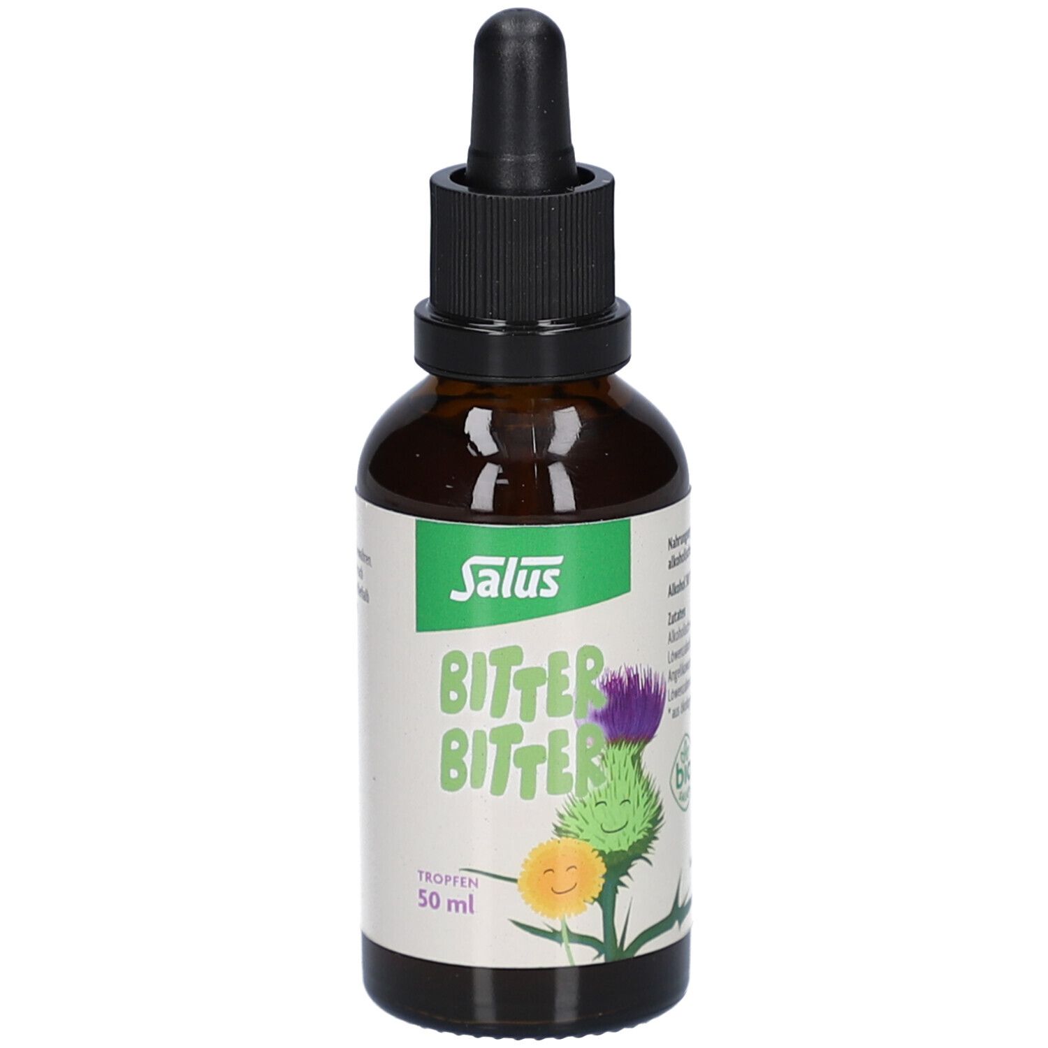 Braune Glasflasche mit schwarzem Schraubverschluss und Pipette. Etikett mit Produktnamen und Logo. Bio-Zertifizierung.