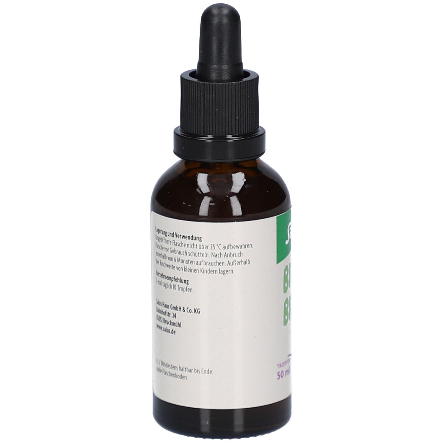 Braune Glasflasche mit schwarzem Verschluss. Etikett mit Text. Rückseite mit Informationen zu Lagerung und Verwendung.
