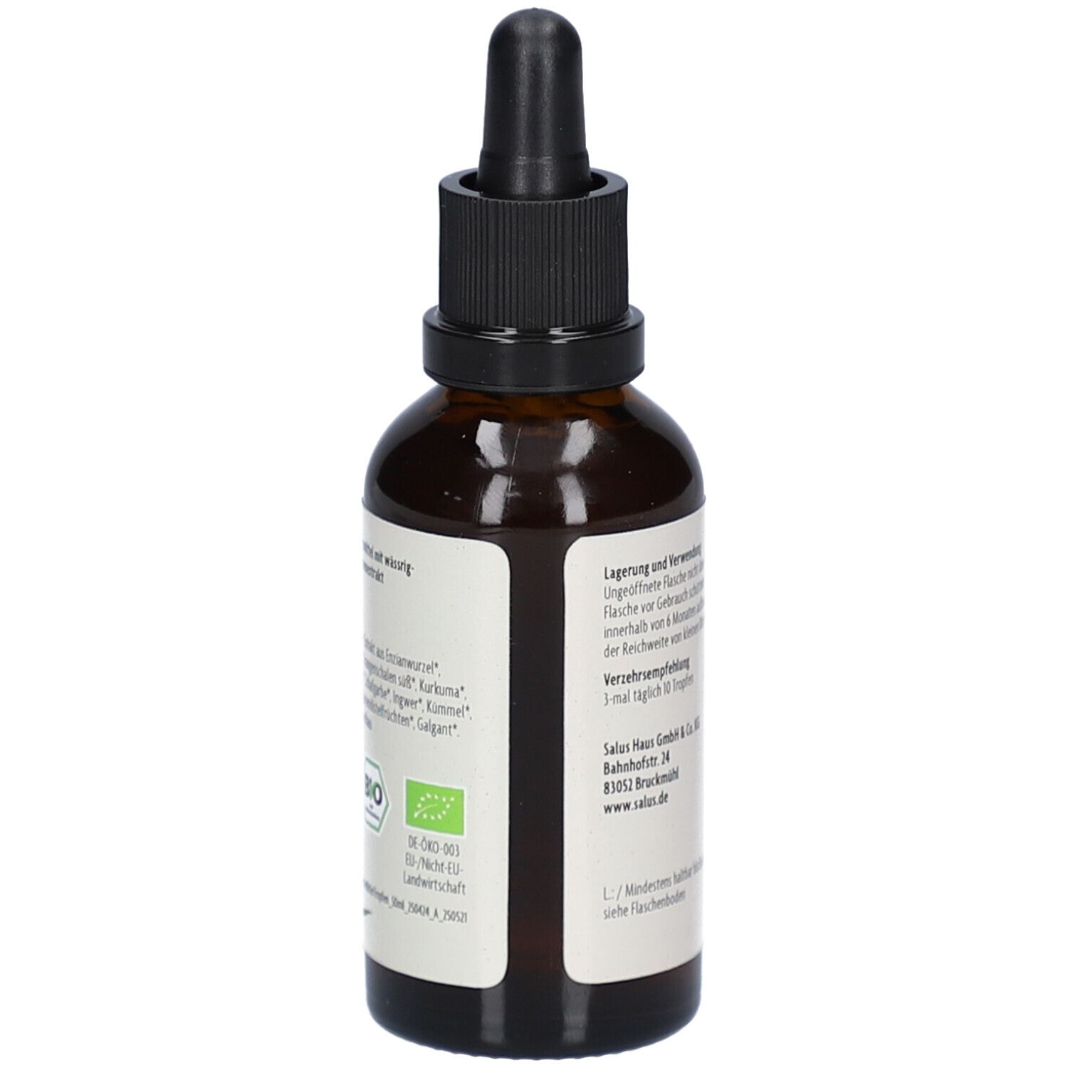 Braune Glasflasche mit schwarzem Verschluss. Etikett mit Text. Rückseite mit Zutatenliste und Bio-Zertifizierung.
