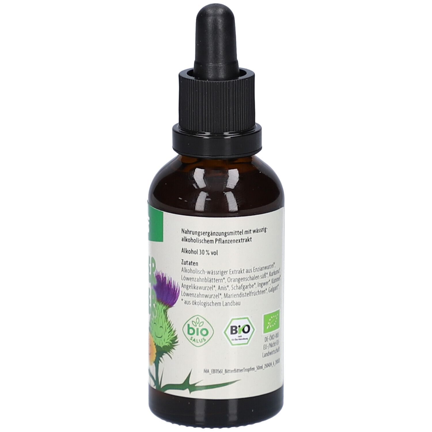 Braune Glasflasche mit schwarzem Verschluss. Etikett mit Text. Rückseite mit Zutatenliste, Alkoholgehalt und Bio-Siegel.