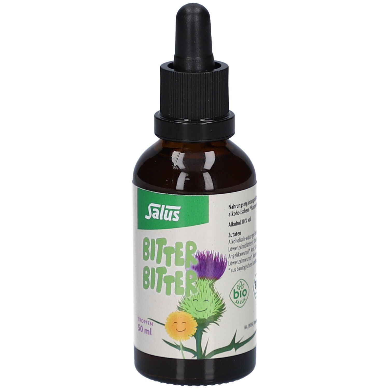 Braune Glasflasche mit schwarzem Verschluss. Etikett mit Produktnamen, Logo und Bio-Siegel. 50 ml.