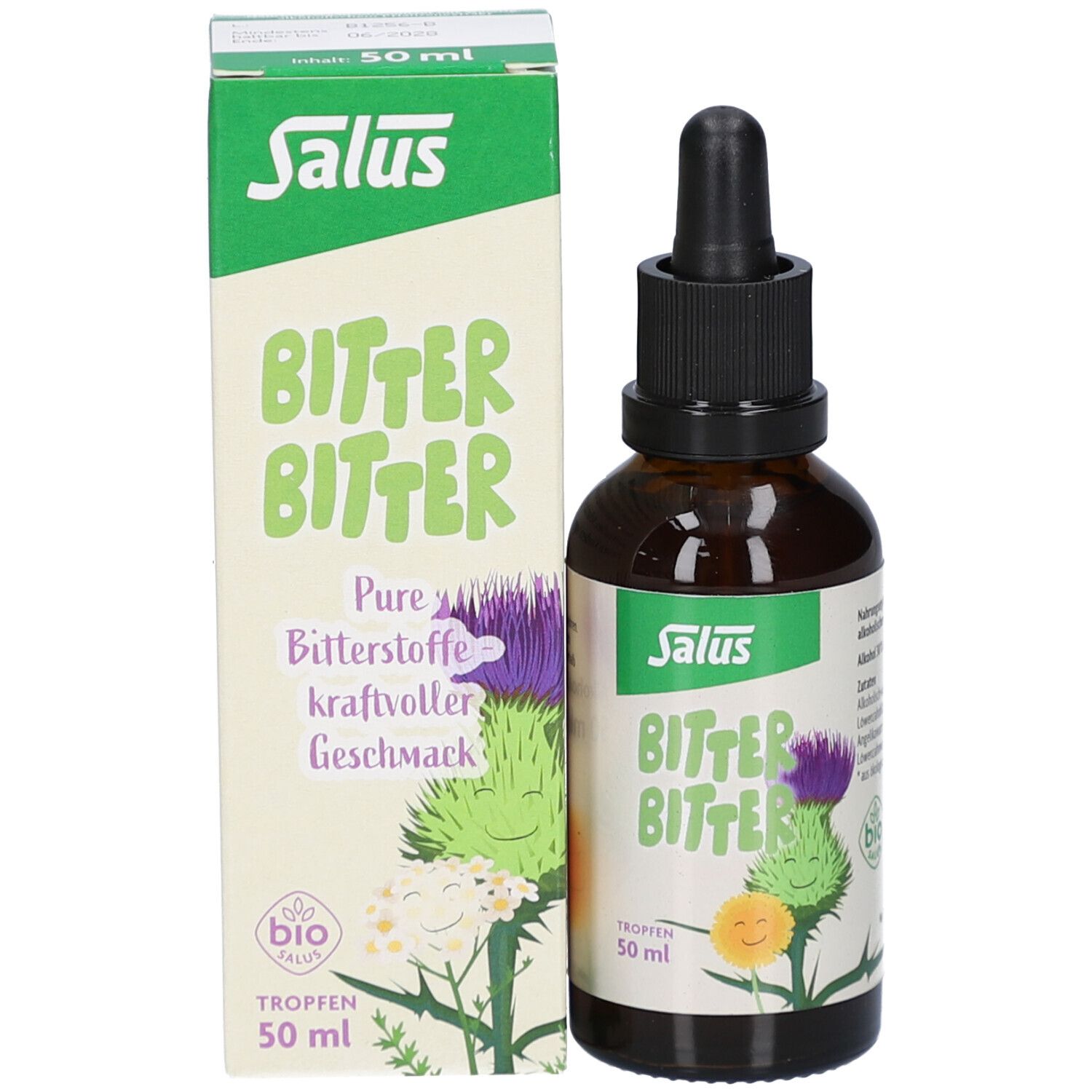 Produktflasche und Verpackung. Flasche mit schwarzem Verschluss und Etikett. Karton mit Produktnamen und Logo. Bio-Siegel.