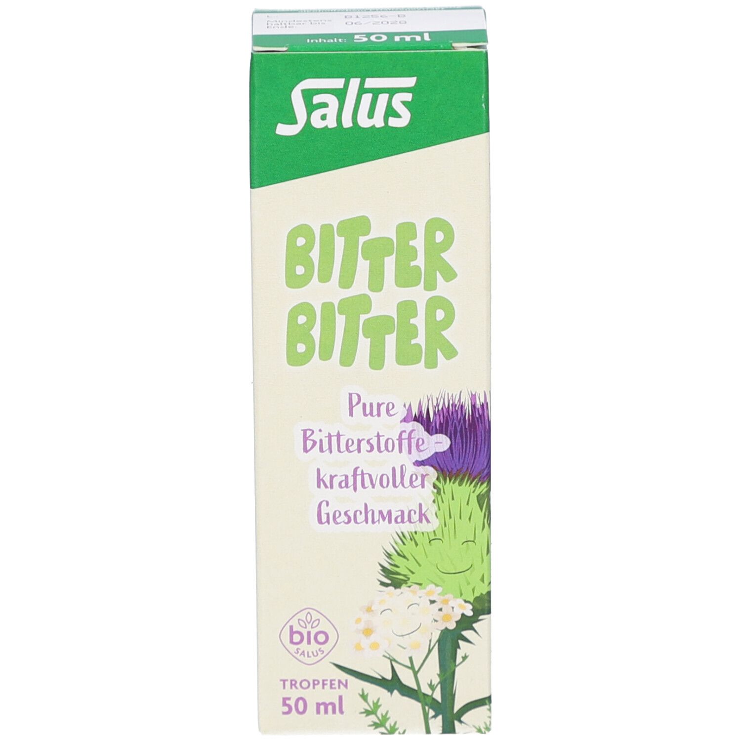 Kartonverpackung mit Produktnamen, Logo und Bio-Siegel. Text: Pure Bitterstoffe, kraftvoller Geschmack. 50 ml.