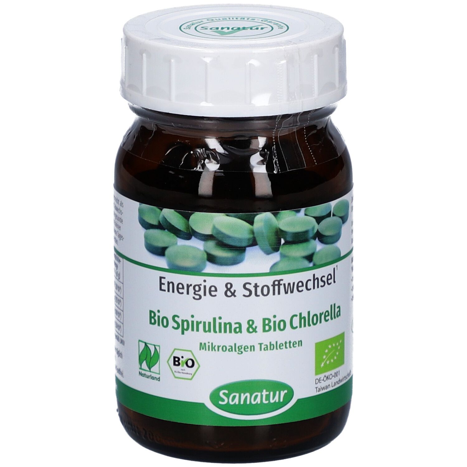 Braune Glasflasche mit weißen Deckel. Etikett mit grünen Tabletten, Text: Energie & Stoffwechsel, Bio Spirulina & Bio Chlorella, Sanatur.