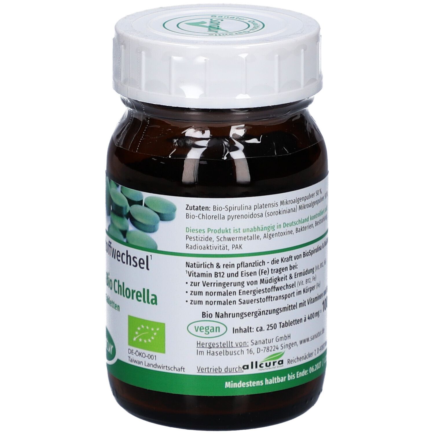 Rückseite einer braunen Glasflasche mit weißen Deckel. Etikett mit Text, grünen Tabletten, Vegan-Siegel und DE-ÖKO-001.