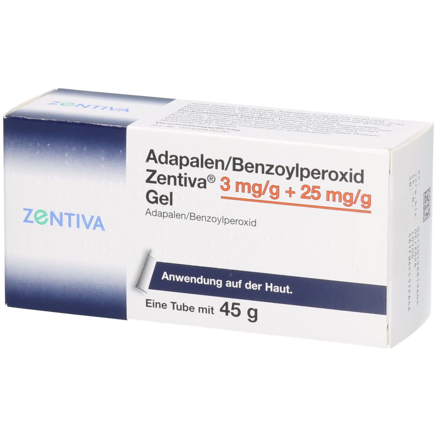 Packung Adapalene/Benzoylperoxid Zentiva Gel 3 mg/g + 25 mg/g, 45 g.