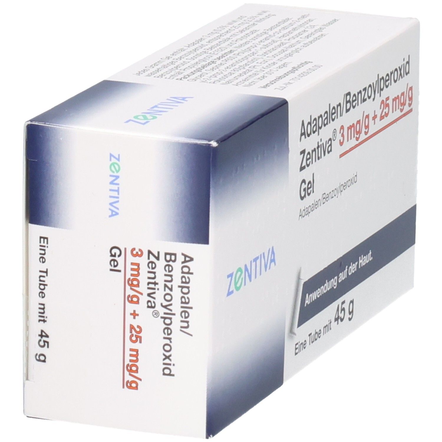 Packung Adapalene/Benzoylperoxid Zentiva Gel 3 mg/g + 25 mg/g, 45 g, Seitenansicht.