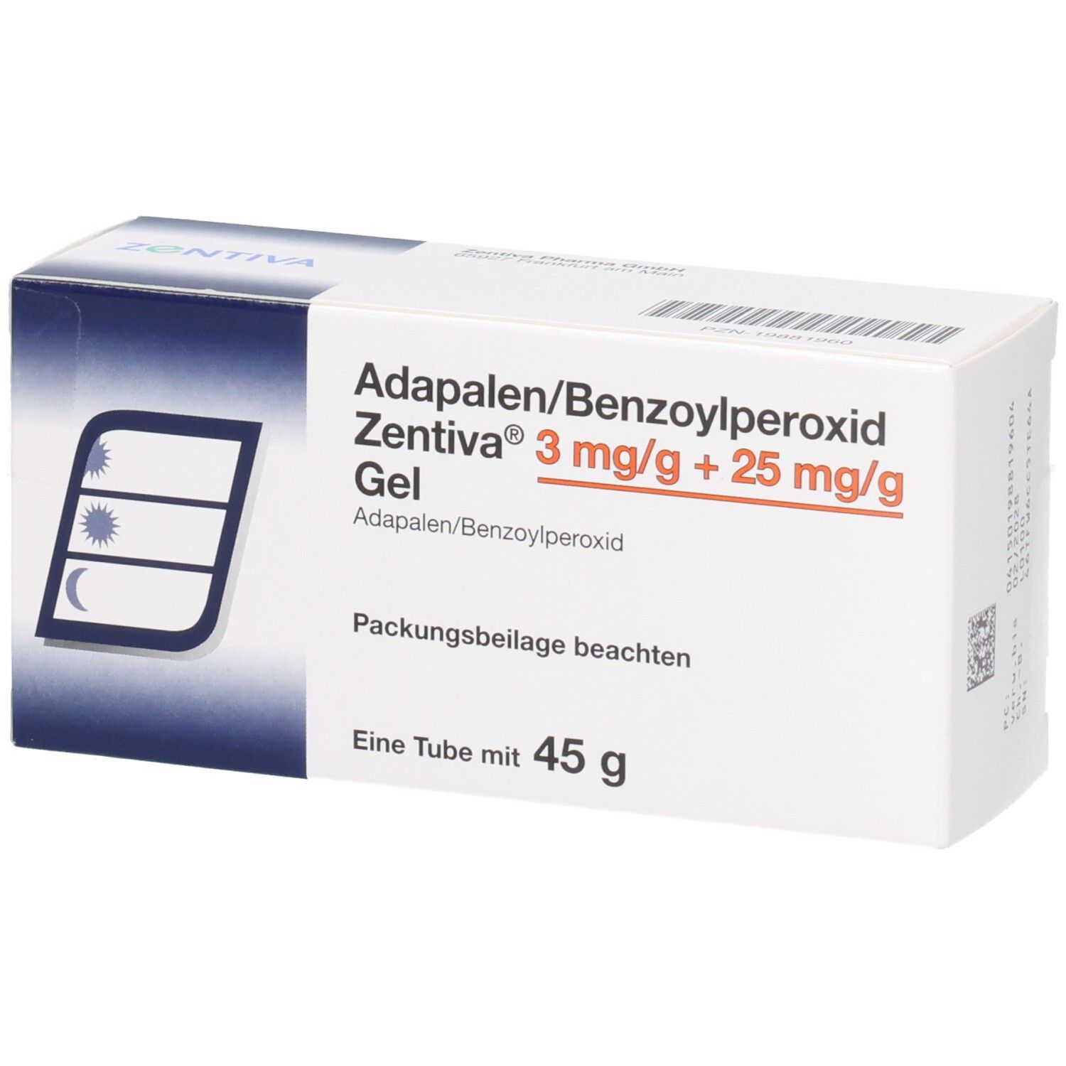 Packung Adapalene/Benzoylperoxid Zentiva Gel 3 mg/g + 25 mg/g, 45 g, mit Symbolen für Tag/Nacht.