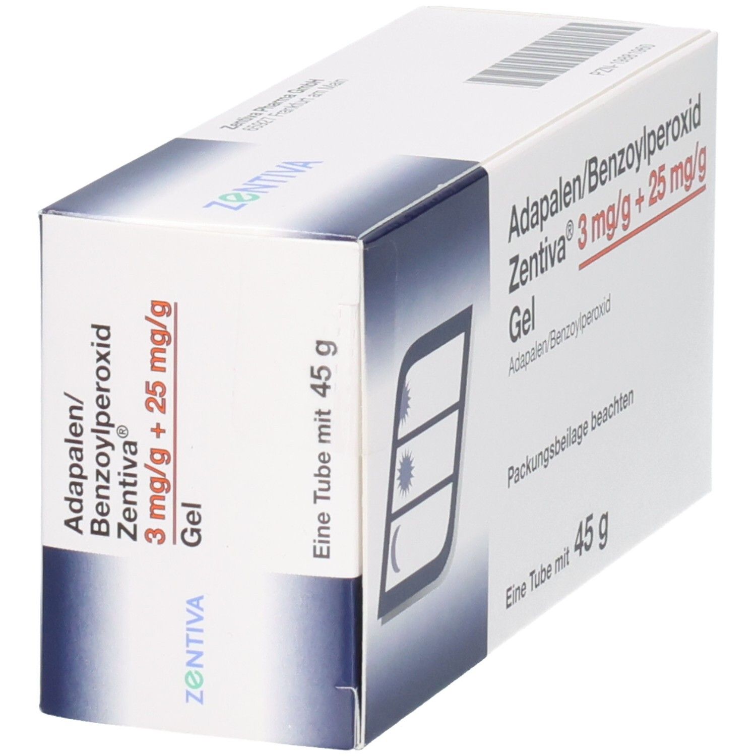 Packung Adapalene/Benzoylperoxid Zentiva Gel 3 mg/g + 25 mg/g, 45 g, Seitenansicht mit Symbolen.