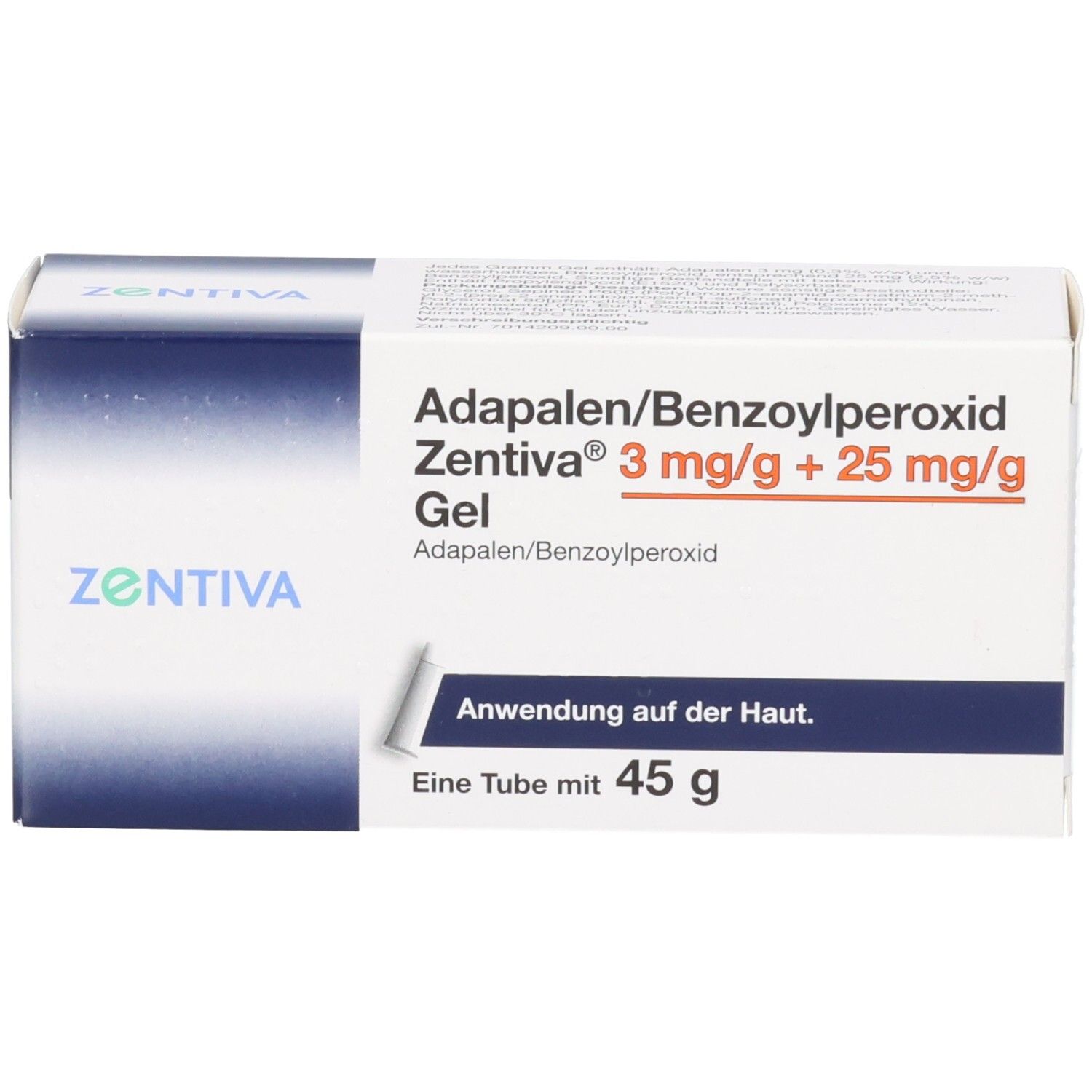 Packung Adapalene/Benzoylperoxid Zentiva Gel 3 mg/g + 25 mg/g, 45 g, Anwendung auf der Haut.