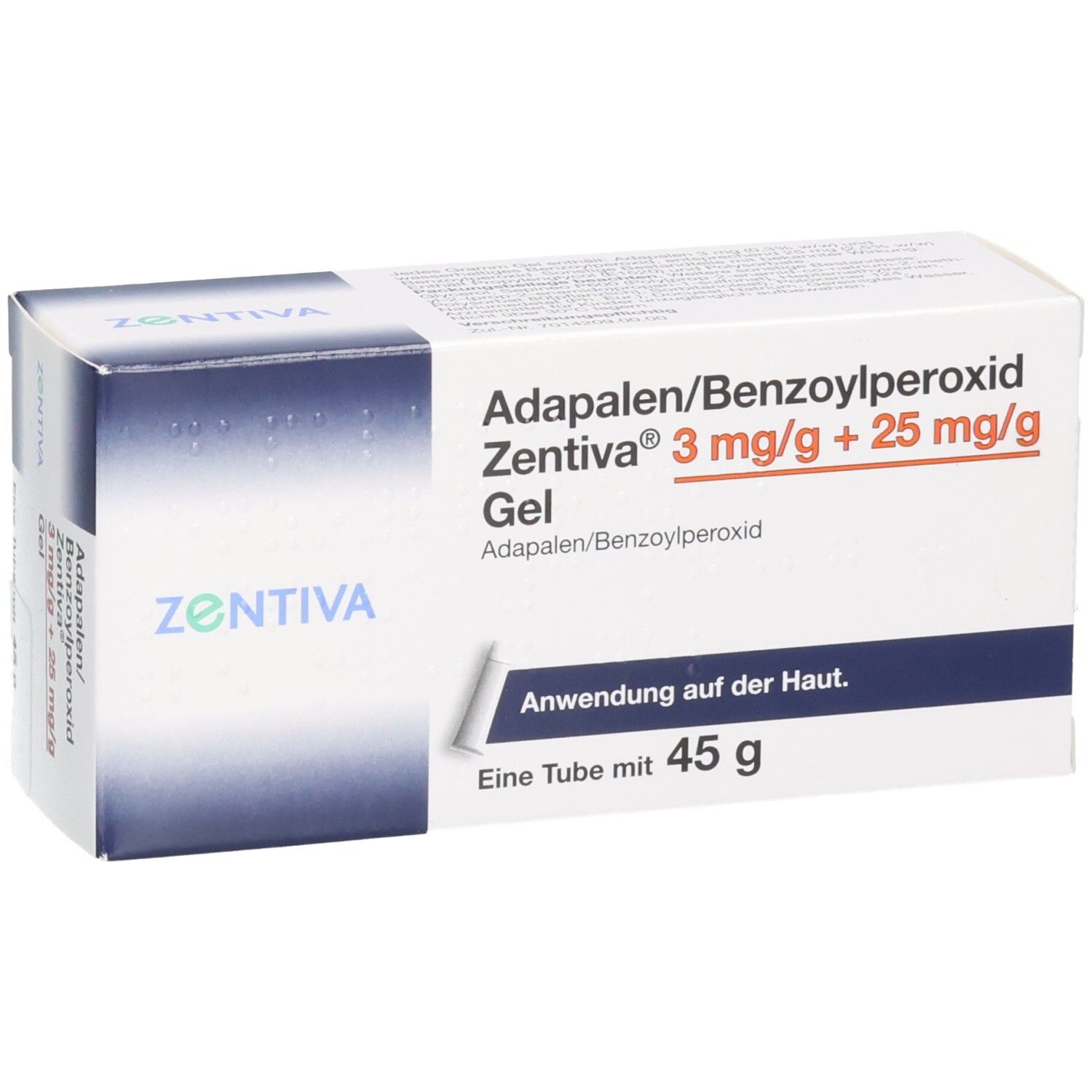 Packung Adapalene/Benzoylperoxid Zentiva Gel 3 mg/g + 25 mg/g, 45 g, mit Anwendungshinweis.