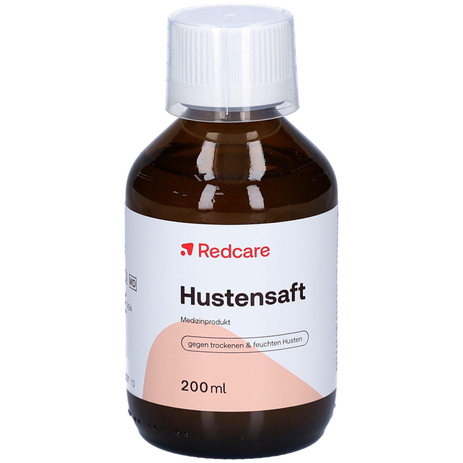 Braune Flasche Hustensaft von Redcare. Weißer Deckel. Produktname und Inhaltsangaben auf dem Etikett.