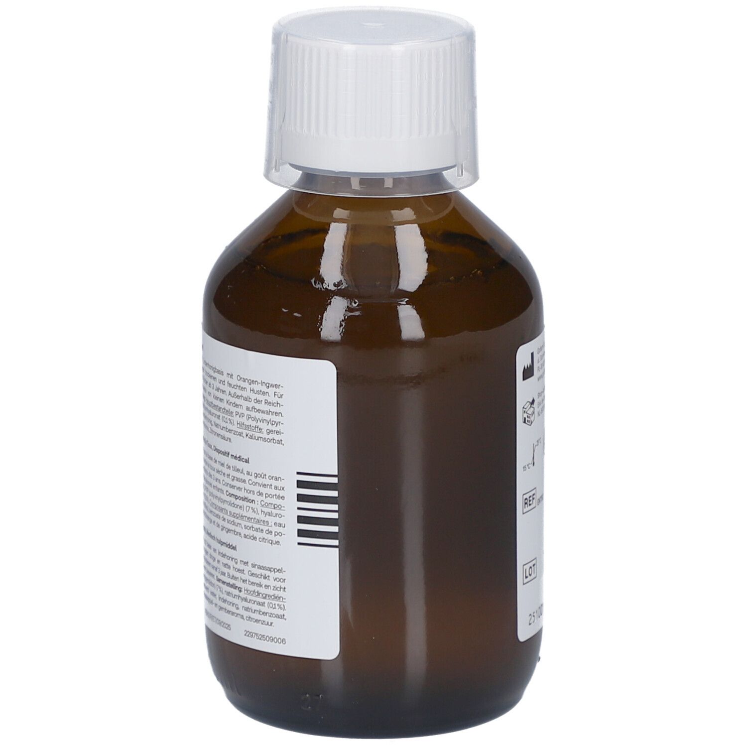 Rückseite einer braunen Hustensaft-Flasche von Redcare. Etikett mit Informationen und Barcode.