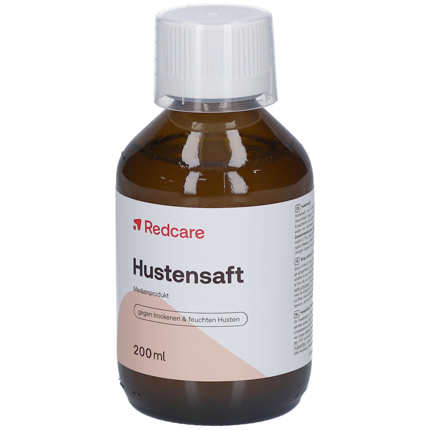Braune Flasche Hustensaft von Redcare. Weißer Deckel. Produktname und Inhaltsangaben auf dem Etikett.