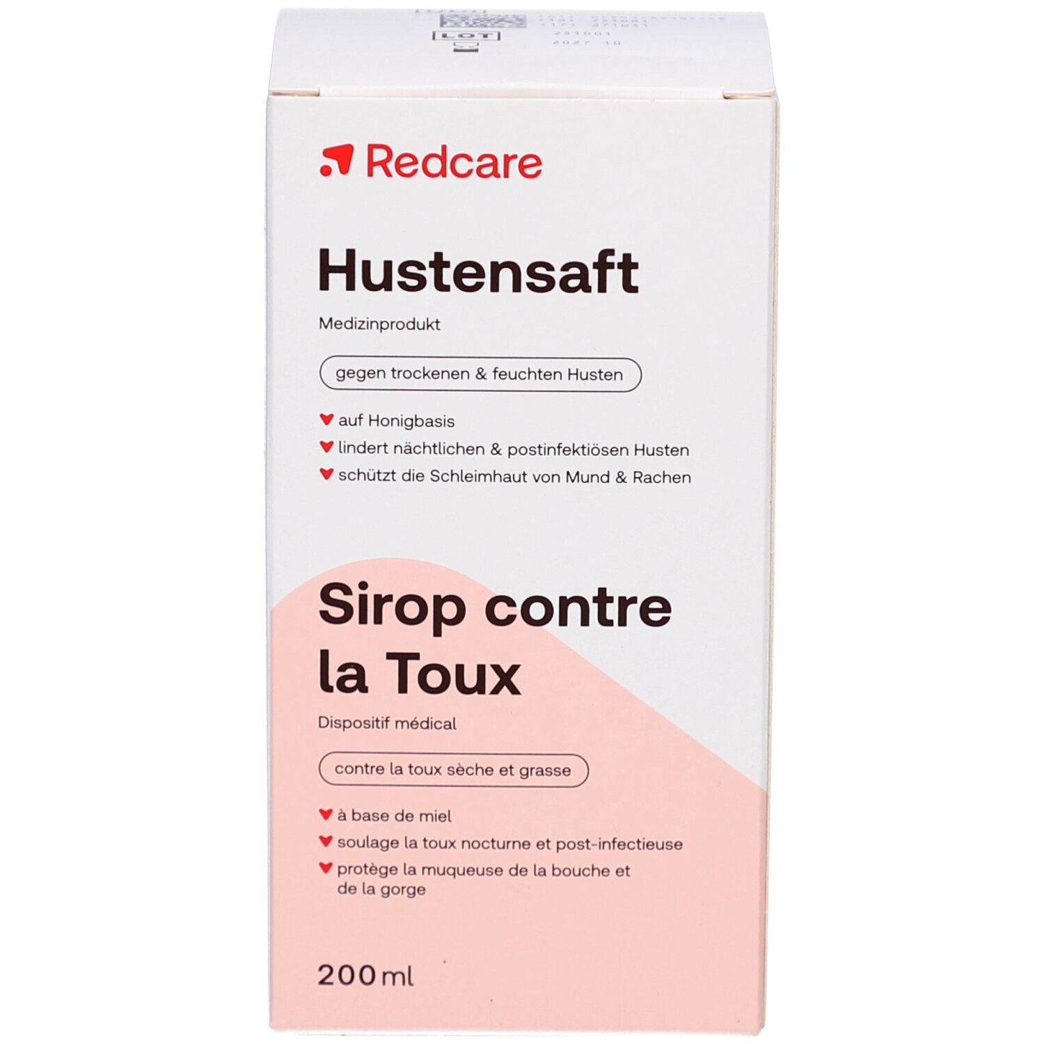 Weiße Schachtel mit Redcare Hustensaft. Produktname, Inhaltsangaben und Logo. Flasche daneben.