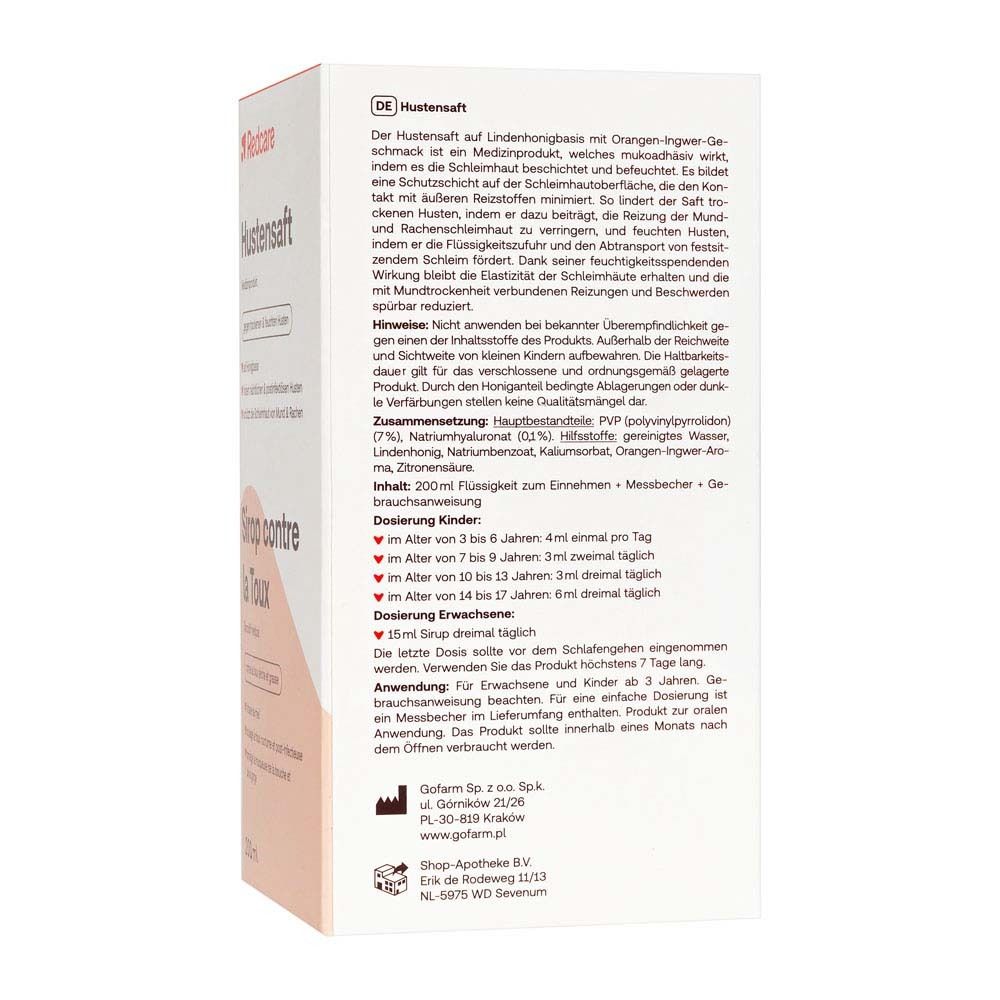 Rückseite der Verpackung von Redcare Hustensaft. Text in deutscher Sprache mit Inhaltsstoffen und Dosierung.