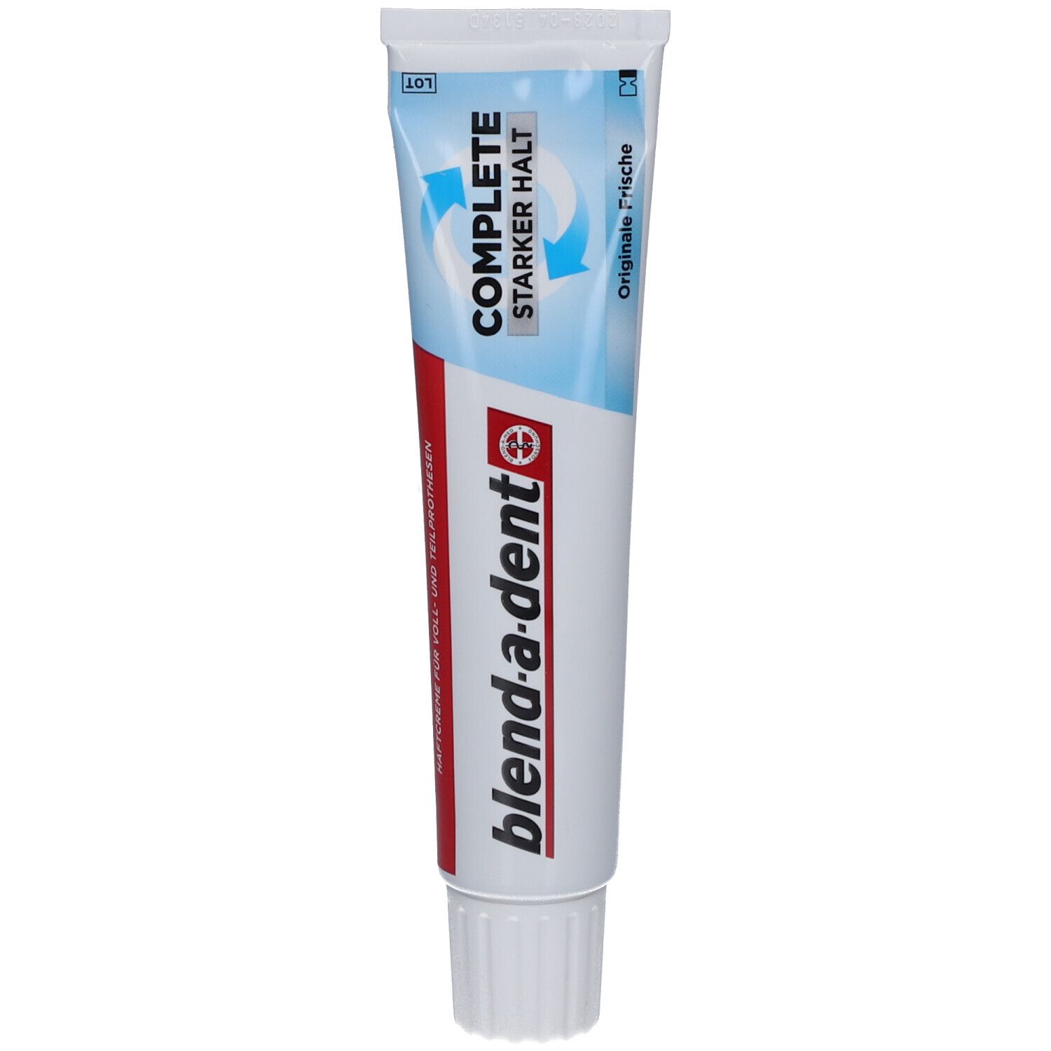 Zahncreme-Tube mit "blend-a-dent"-Logo und Produktbezeichnung. Blaue und rote Farbgebung. "COMPLETE Starker Halt".