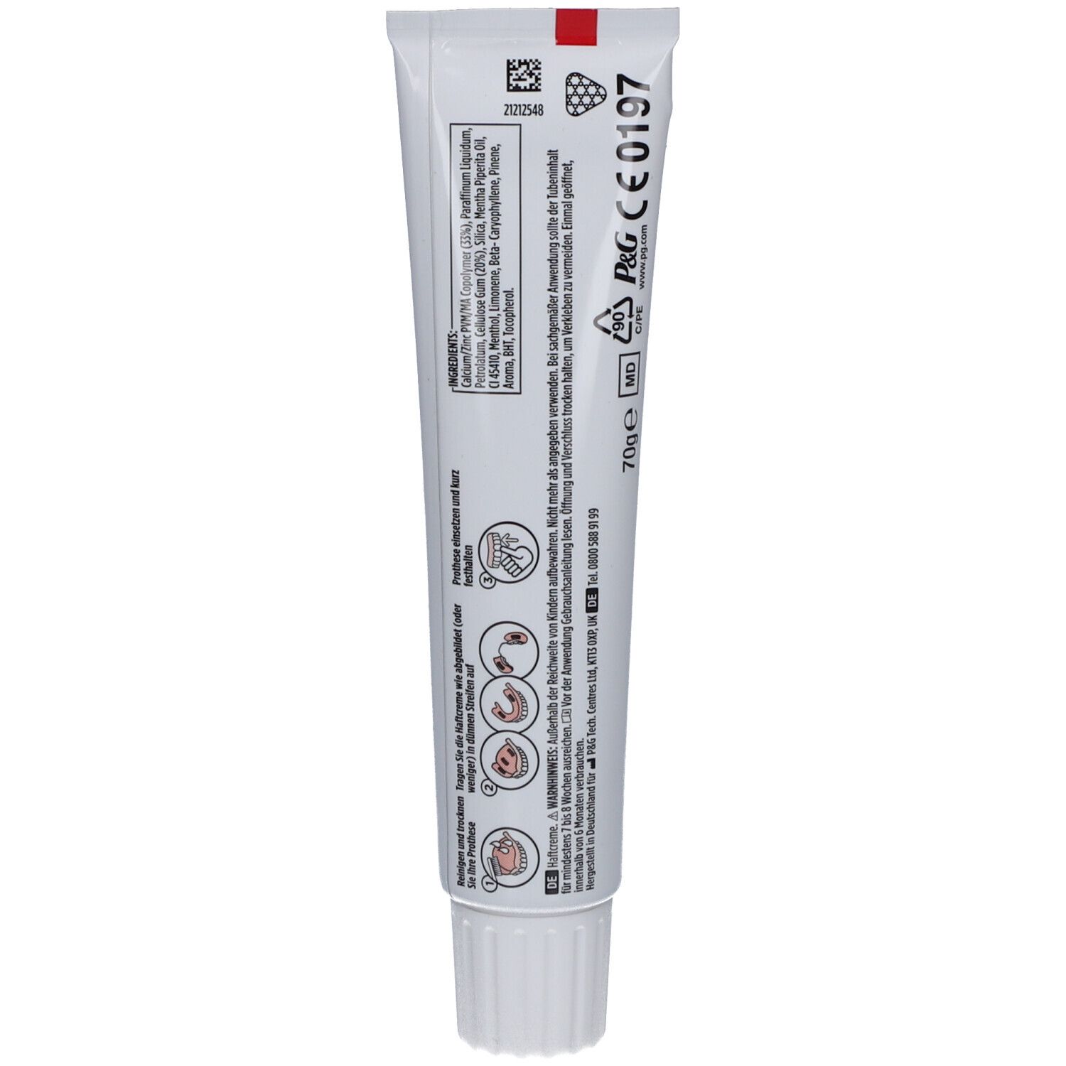 Rückseite der Zahncreme-Tube. Enthält Inhaltsstoffe, Warnhinweise und Herstellerinformationen. CE-Kennzeichnung.