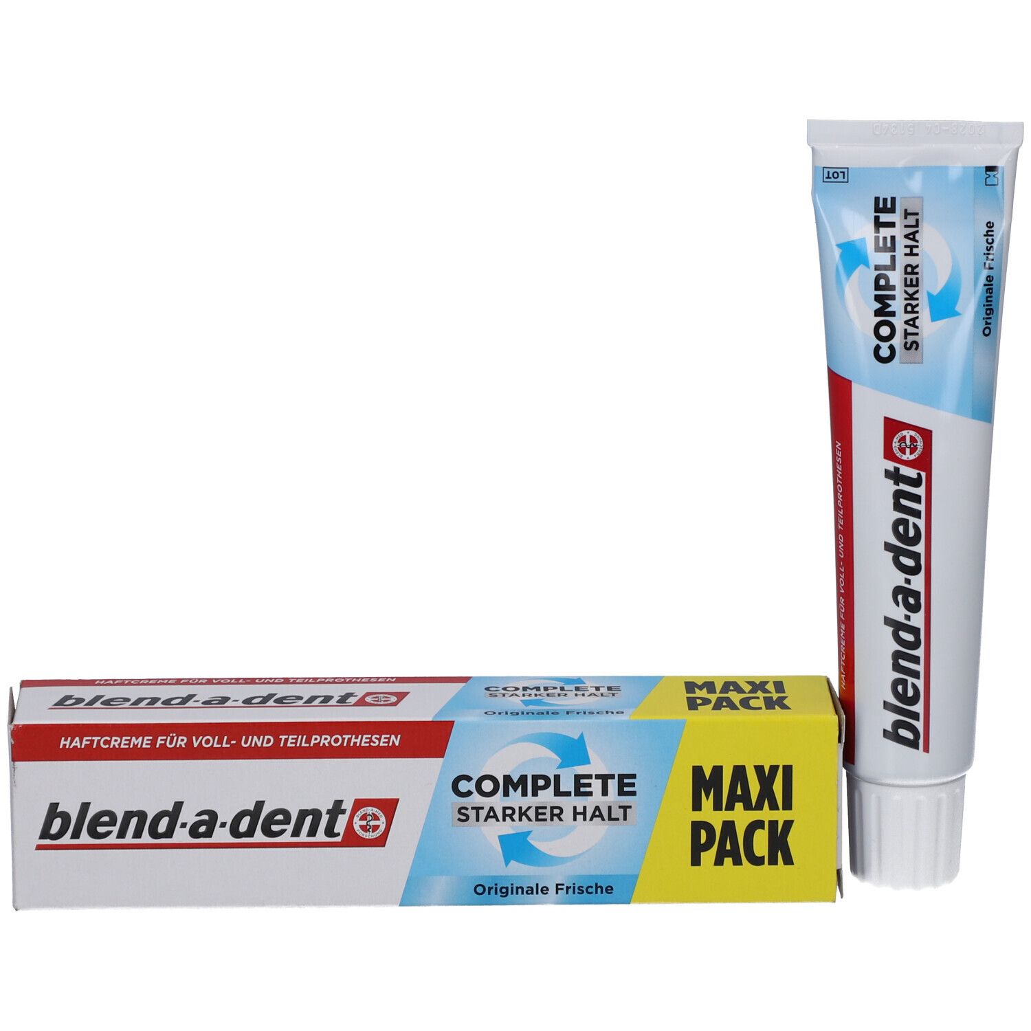 Packung und Tube "blend-a-dent" Haftcreme. Packung mit "MAXI PACK"-Aufdruck. Produktname und Logo sichtbar.