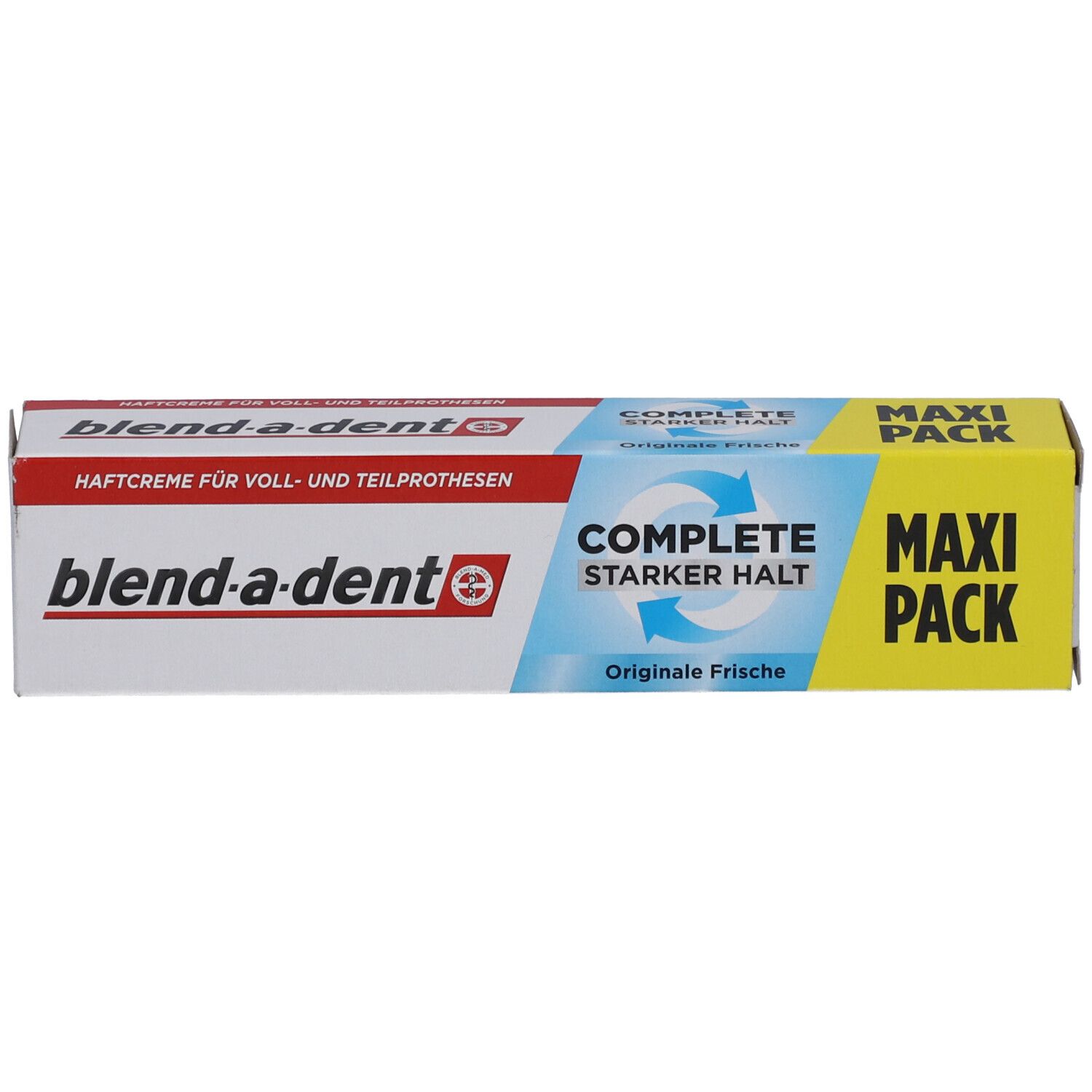 Gelbe "MAXI PACK"-Verpackung für "blend-a-dent" Haftcreme. Produktname und Logo deutlich sichtbar.