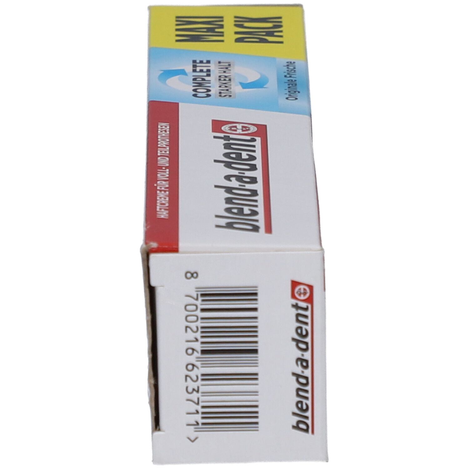 Seitenansicht der "MAXI PACK"-Verpackung. Barcode und Logo "blend-a-dent" sichtbar.