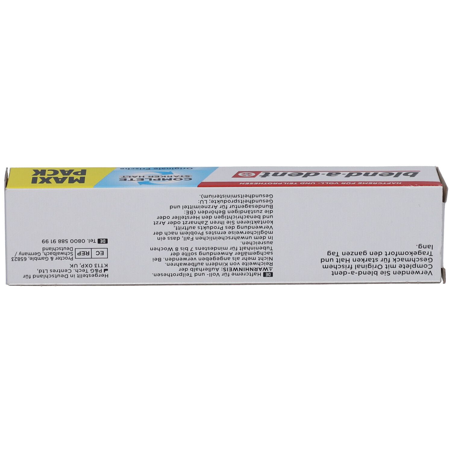 Oberseite der "MAXI PACK"-Verpackung. Produktinformationen und Logo "blend-a-dent" sichtbar.