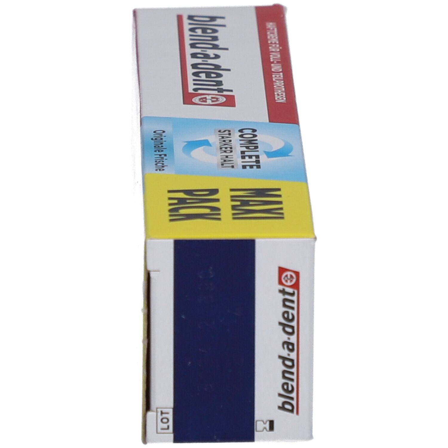 Seitenansicht der "MAXI PACK"-Verpackung. Logo "blend-a-dent" und Produktname sichtbar.