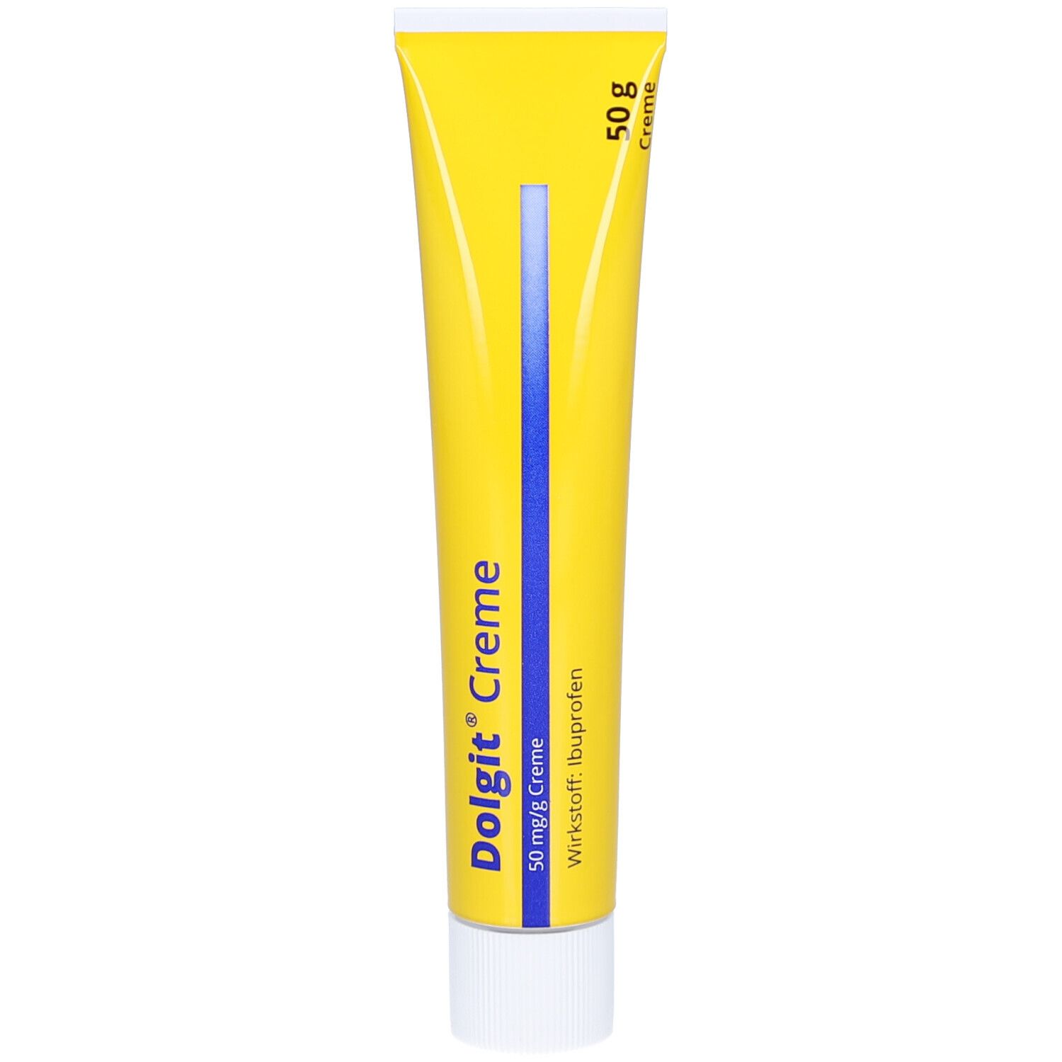 Gelbe Tube mit blauer Linie. Aufschrift: Dolgit Creme, 50 mg/g Creme, Wirkstoff: Ibuprofen. 50 g Creme.