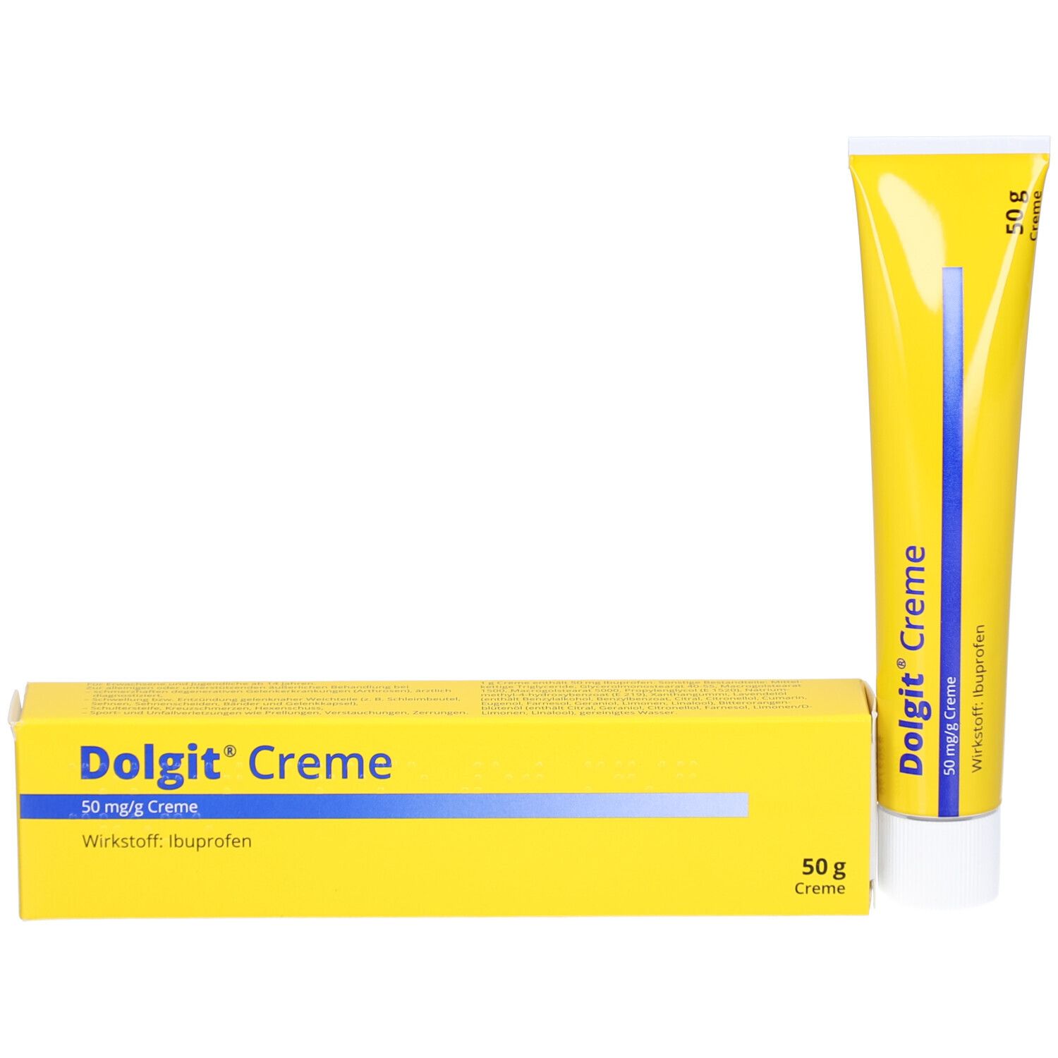 Gelbe Schachtel und Tube. Aufschrift: Dolgit Creme, 50 mg/g Creme, Wirkstoff: Ibuprofen. 50 g Creme.
