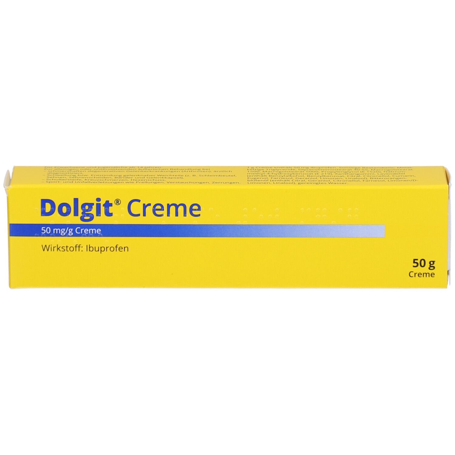 Gelbe Schachtel. Aufschrift: Dolgit Creme, 50 mg/g Creme, Wirkstoff: Ibuprofen. 50 g Creme.