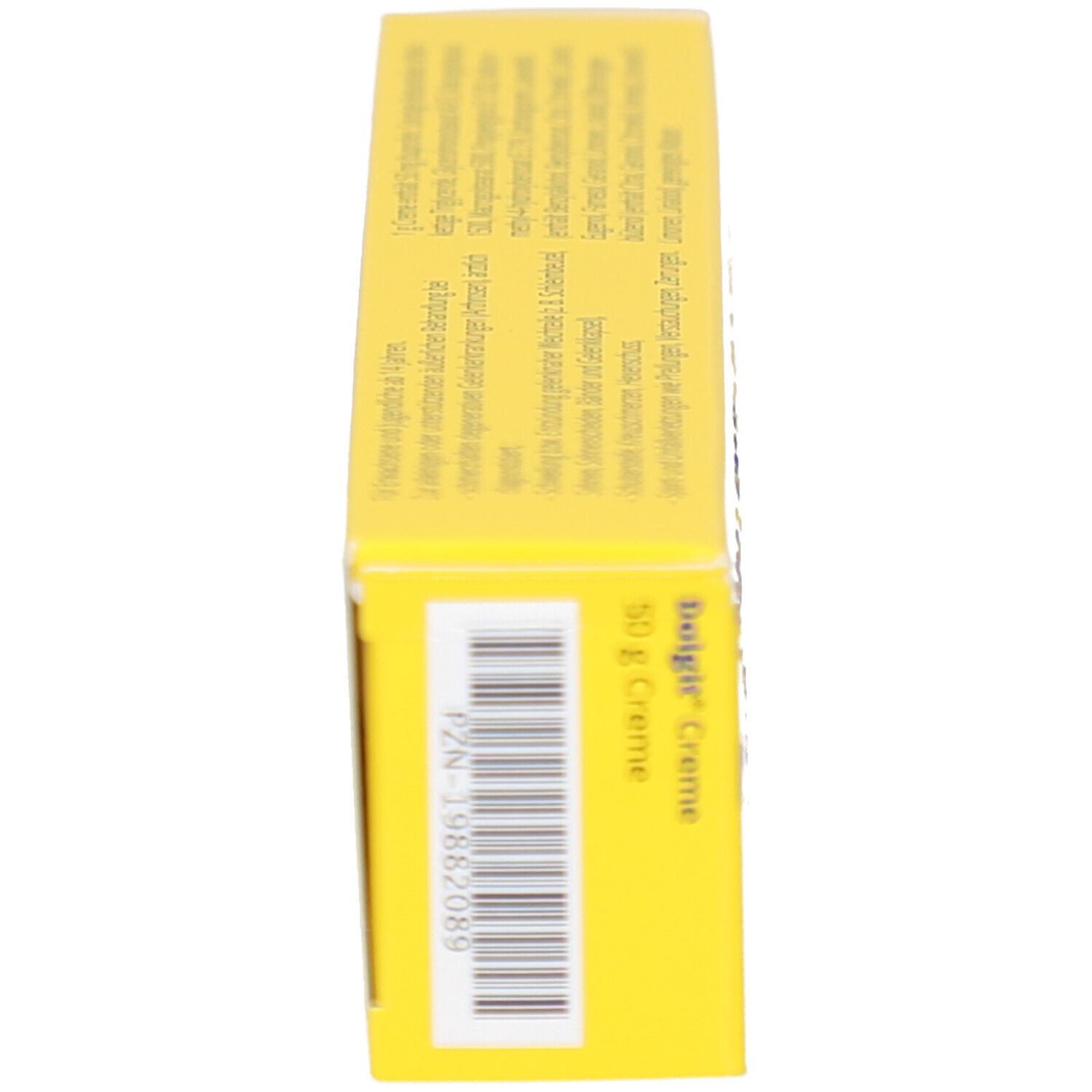 Gelbe Schachtel, Seitenansicht. Barcode und Text. Aufschrift: Dolgit Creme, 50 g Creme.