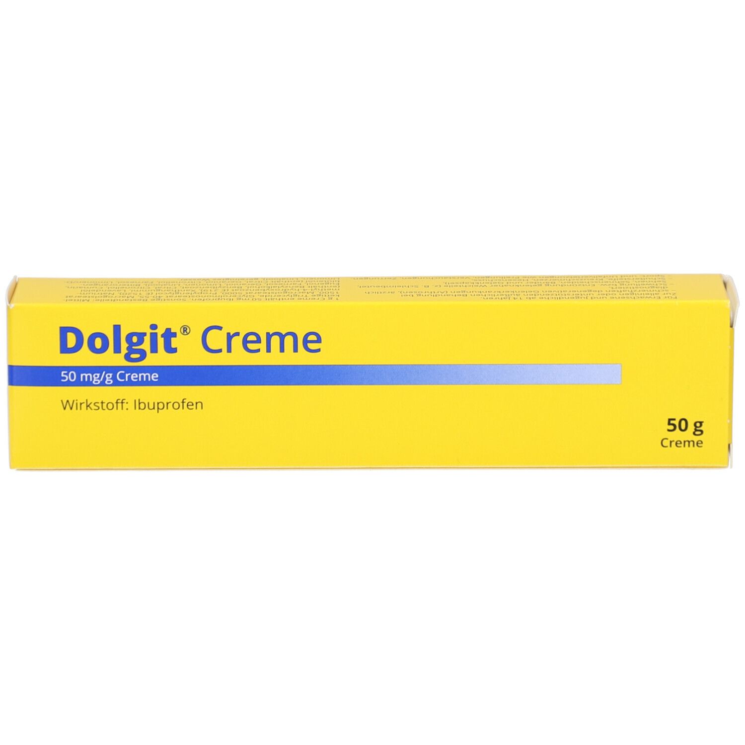 Gelbe Schachtel. Aufschrift: Dolgit Creme, 50 mg/g Creme, Wirkstoff: Ibuprofen. 50 g Creme.