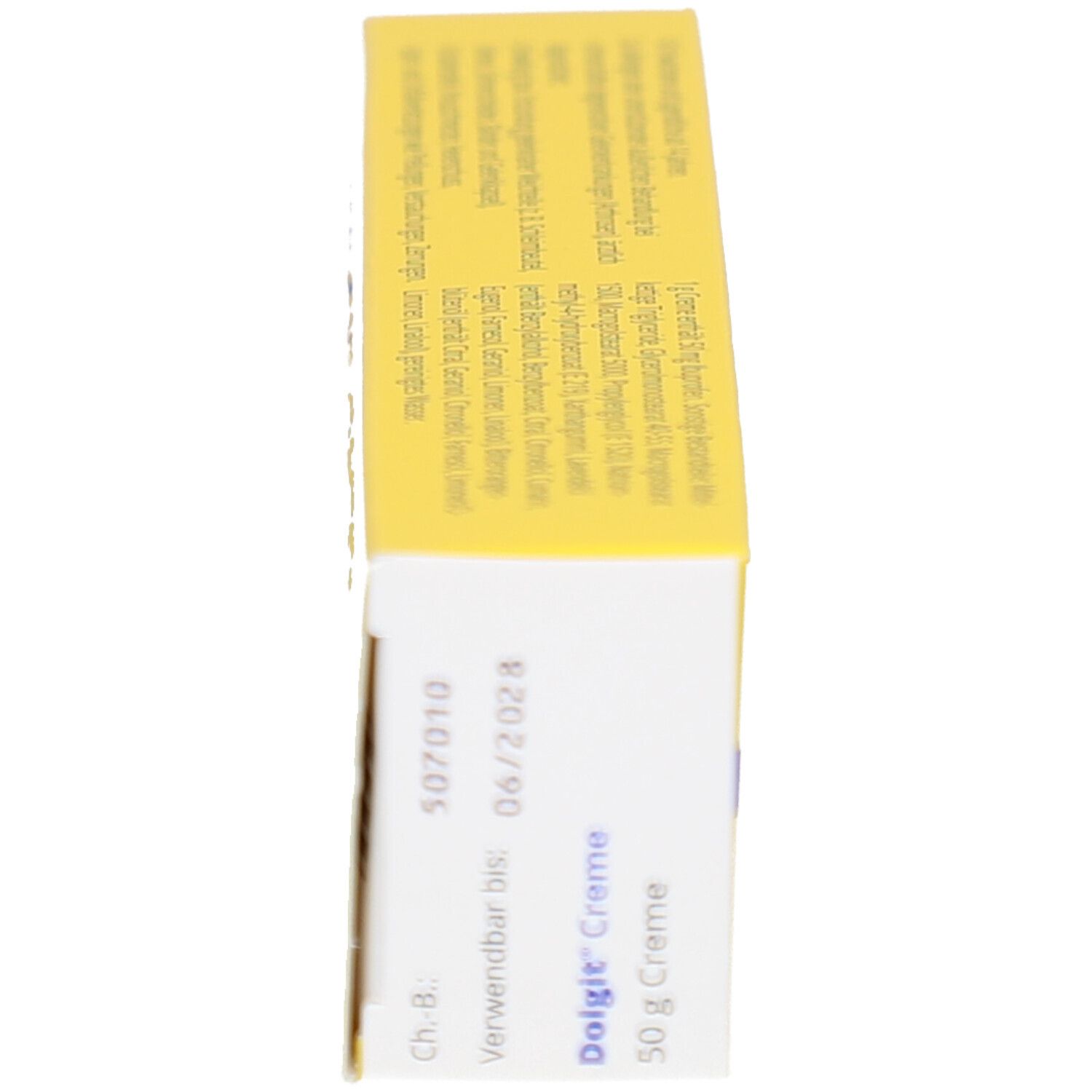 Gelbe Schachtel, Seitenansicht. Text und Verfallsdatum. Aufschrift: Dolgit Creme, 50 g Creme.