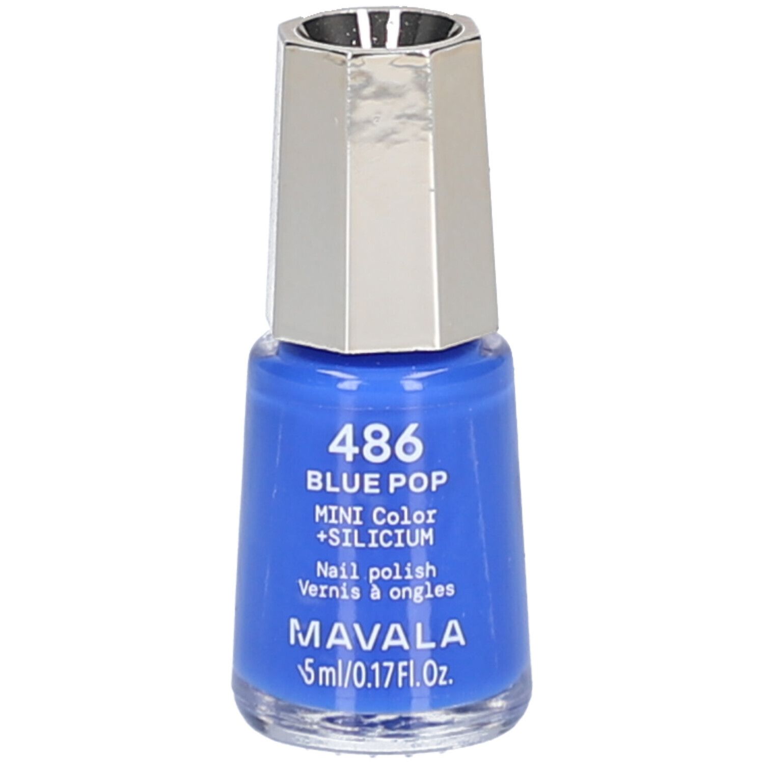 Blaue Nagellackflasche mit silbernem Deckel. Aufschrift: 486 BLUE POP, MINI COLOR + SILICIUM, MAVALA, 5 ml/0.17Fl.Oz.