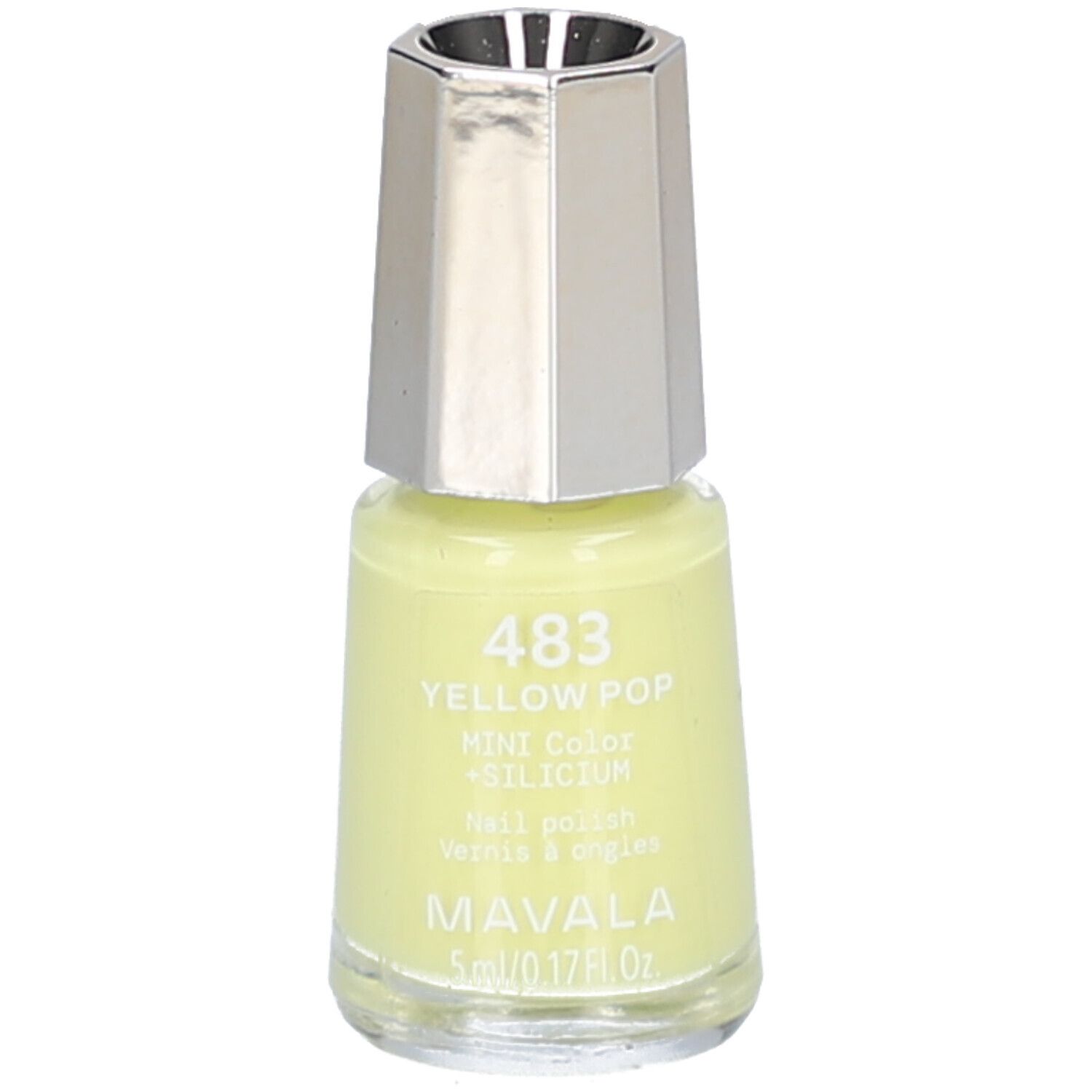 Gelber Nagellack von MAVALA. Flasche mit silberfarbenem Deckel. Aufschrift: 483 Yellow Pop + Silicium.