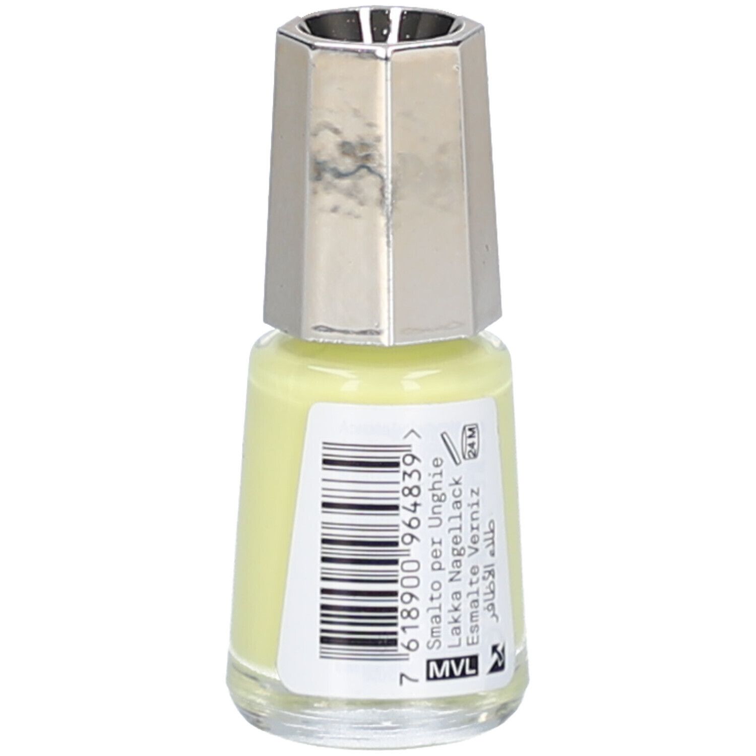 Gelber Nagellack von MAVALA. Flasche mit silberfarbenem Deckel. Rückseite mit Barcode und Text.
