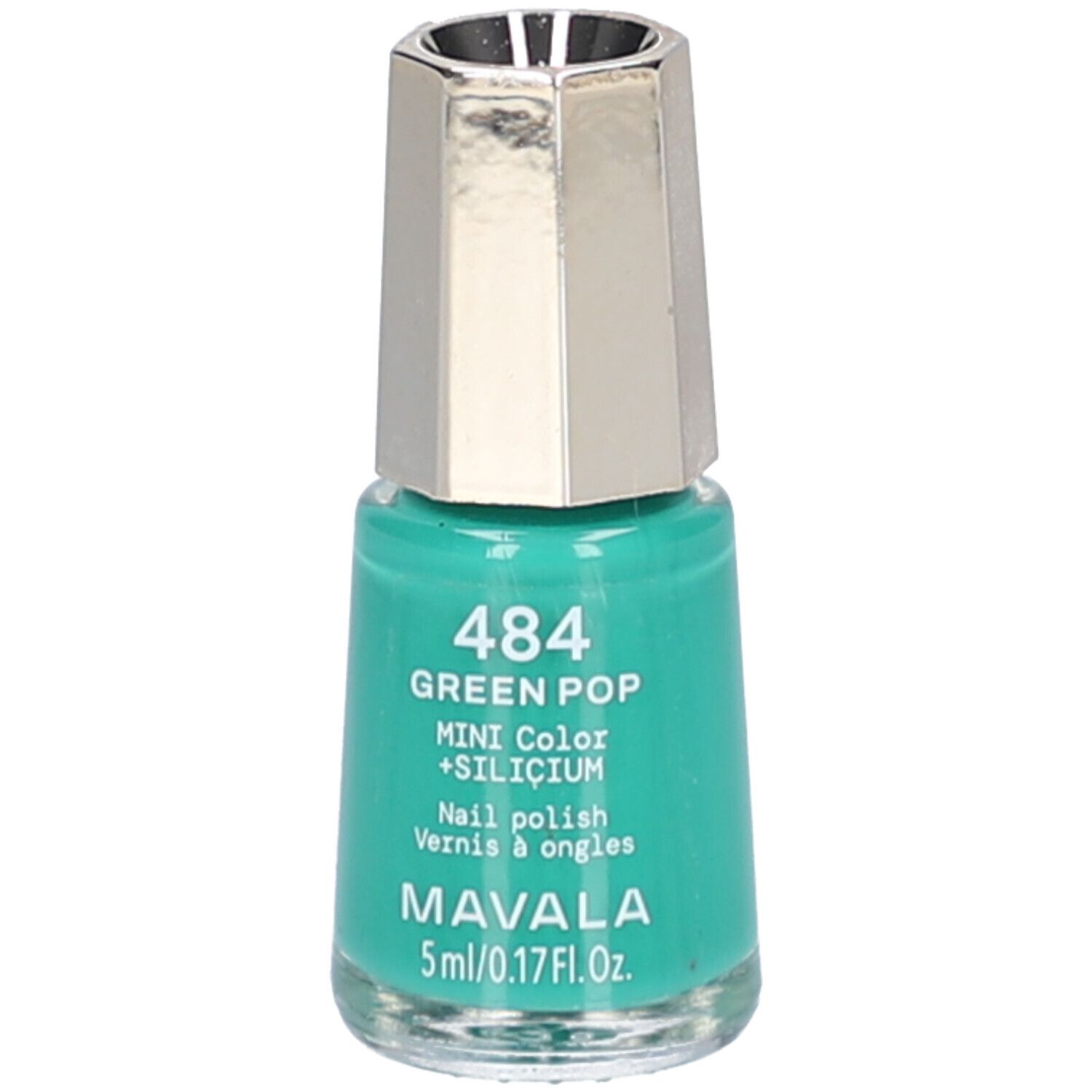 Nagellackflasche, grün. Silberfarbener Deckel. Aufschrift: 484 GREEN POP + SILICIUM, MINI COLOR, MAVALA, 5ml/0.17Fl.Oz.
