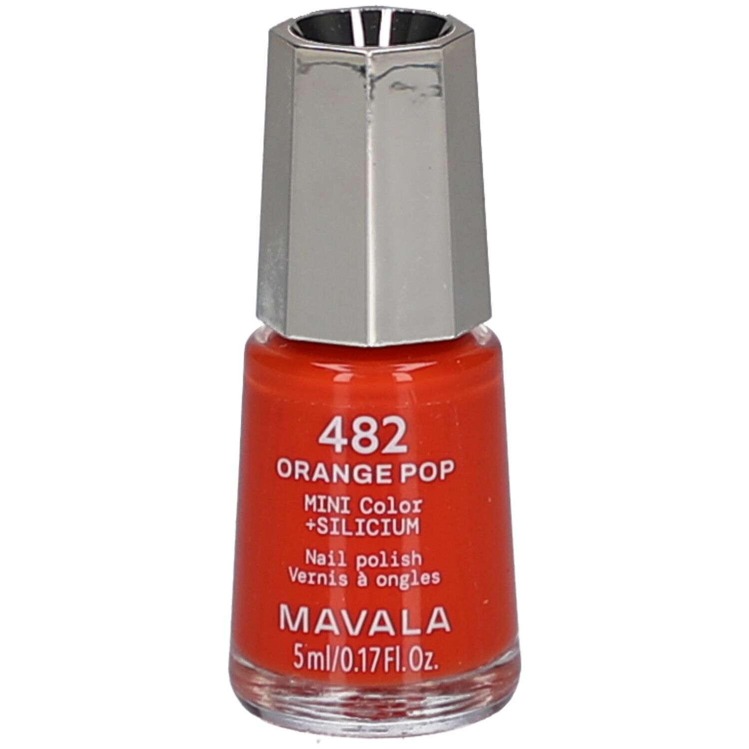 Nagellackflasche, orangefarben. Silberfarbener Deckel. Aufschrift: 482 ORANGE POP, MINI COLOR + SILICIUM, MAVALA. 5ml/0.17Fl.Oz.