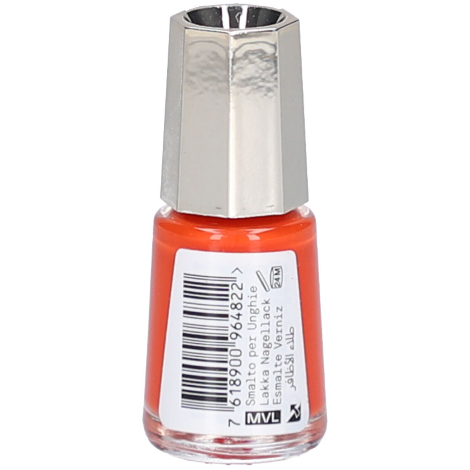 Nagellackflasche, orangefarben. Silberfarbener Deckel. Barcode und Text: Smalto per Unghie, Lakka Nagellack, Esmalte Verniz, طلاء الأظافر.